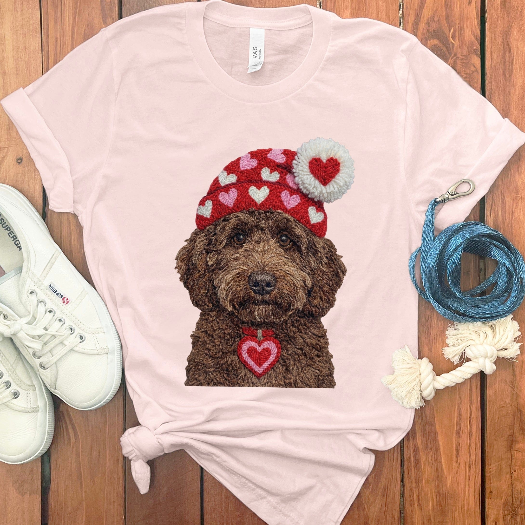 Chocolate Goldendoodle Valentine Charm Faux Yarn T-Shirt in Soft Pink / S by Puppy Jo