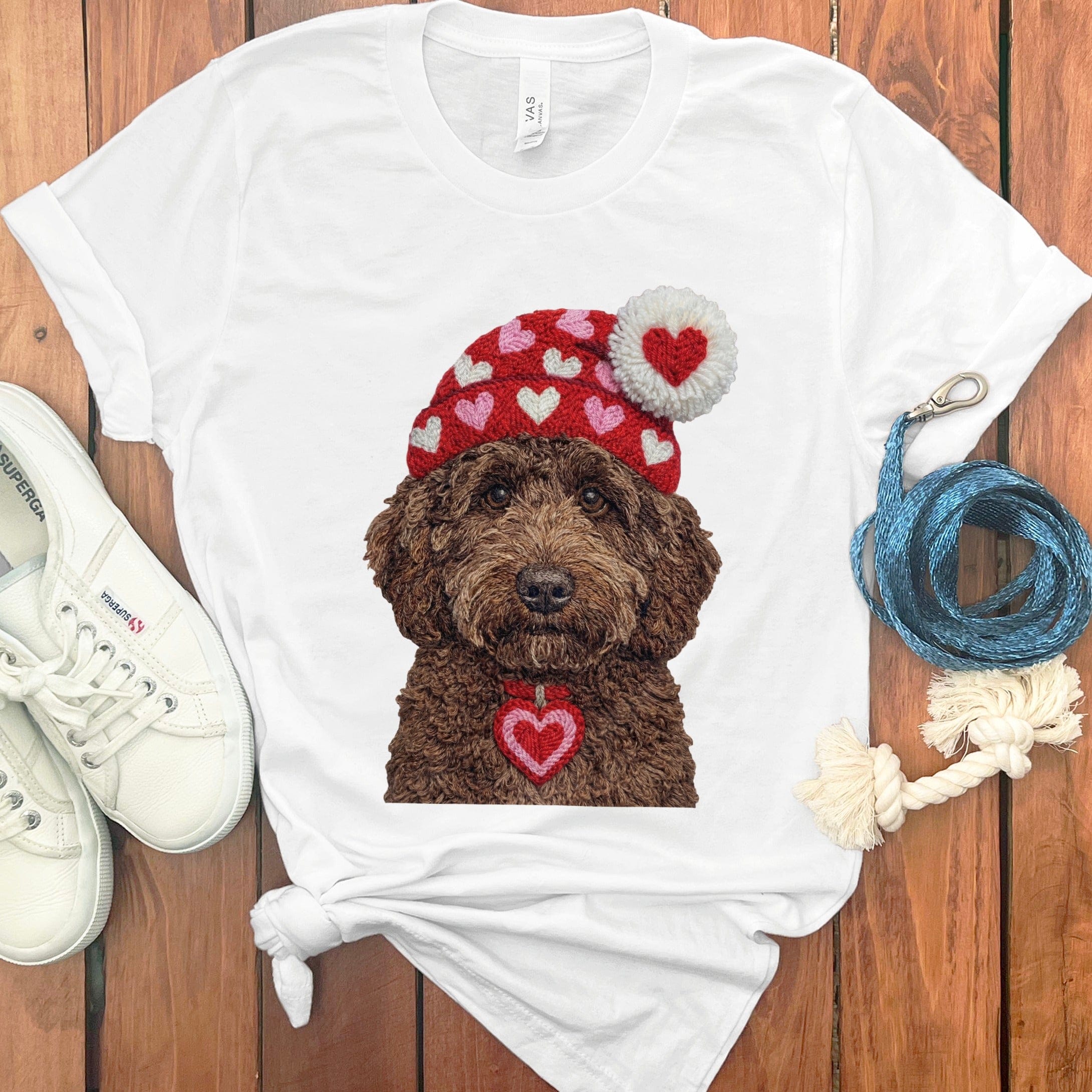 Chocolate Goldendoodle Valentine Charm Faux Yarn T-Shirt in White / S by Puppy Jo