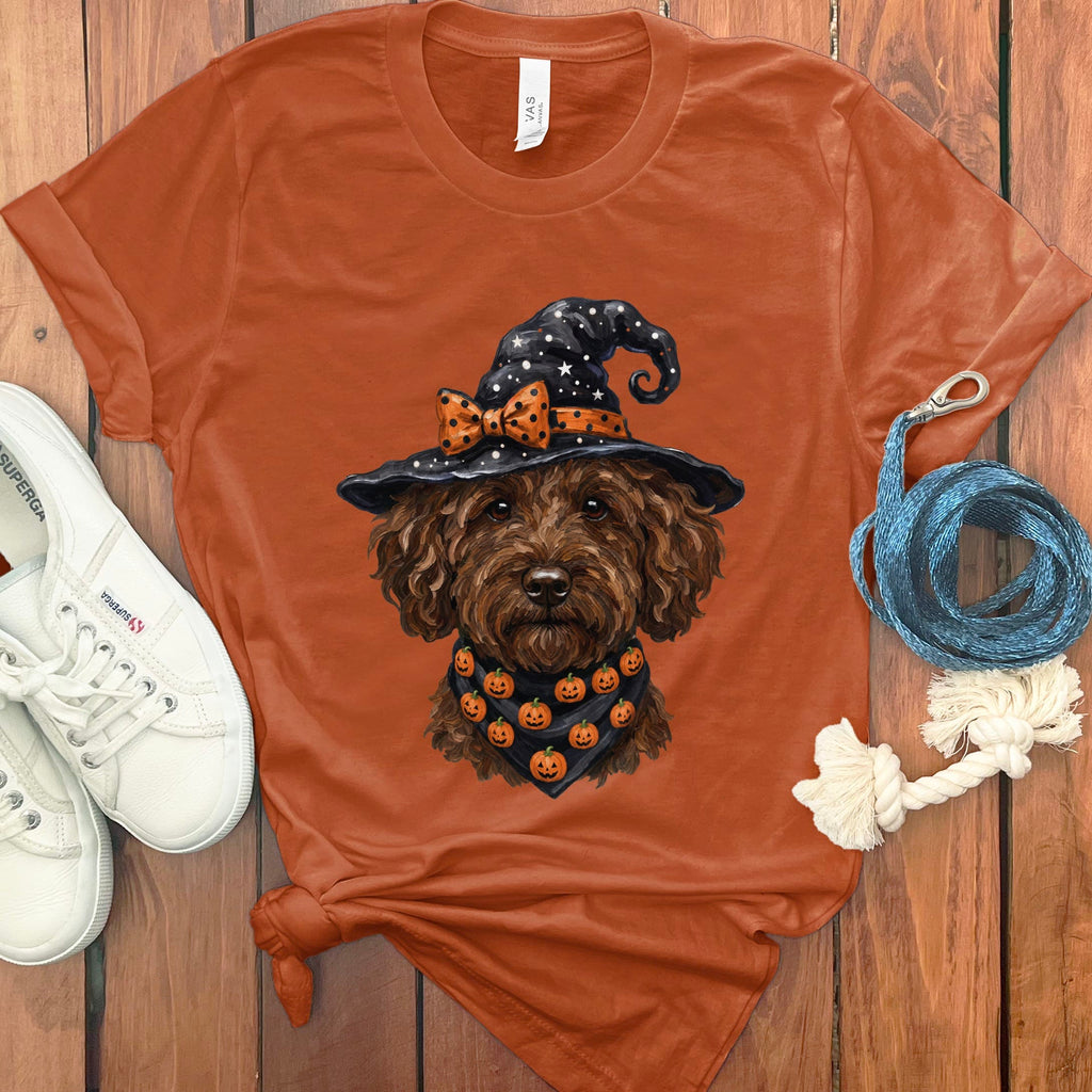 Chocolate Goldendoodle Witch Hat T-Shirt in Autumn / S by MyDesigns
