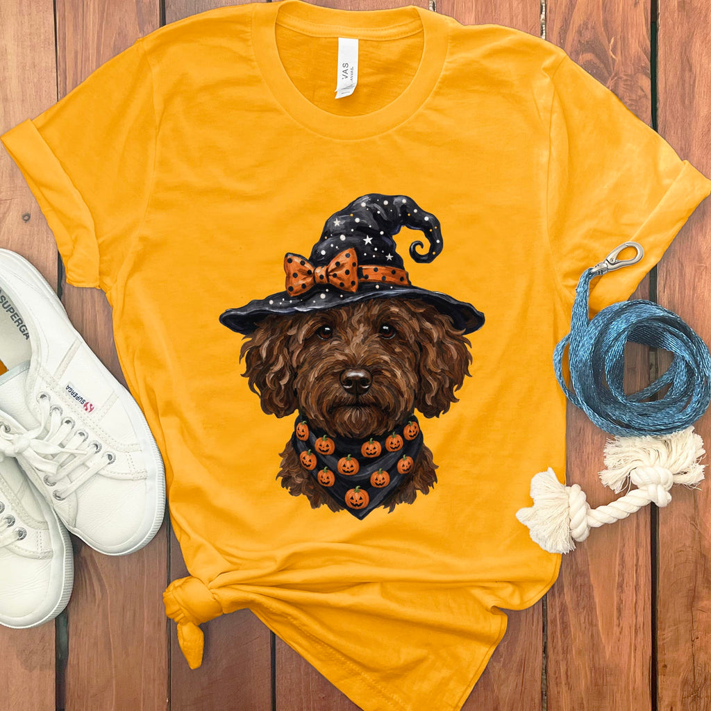 Chocolate Goldendoodle Witch Hat T-Shirt in Gold / S by MyDesigns