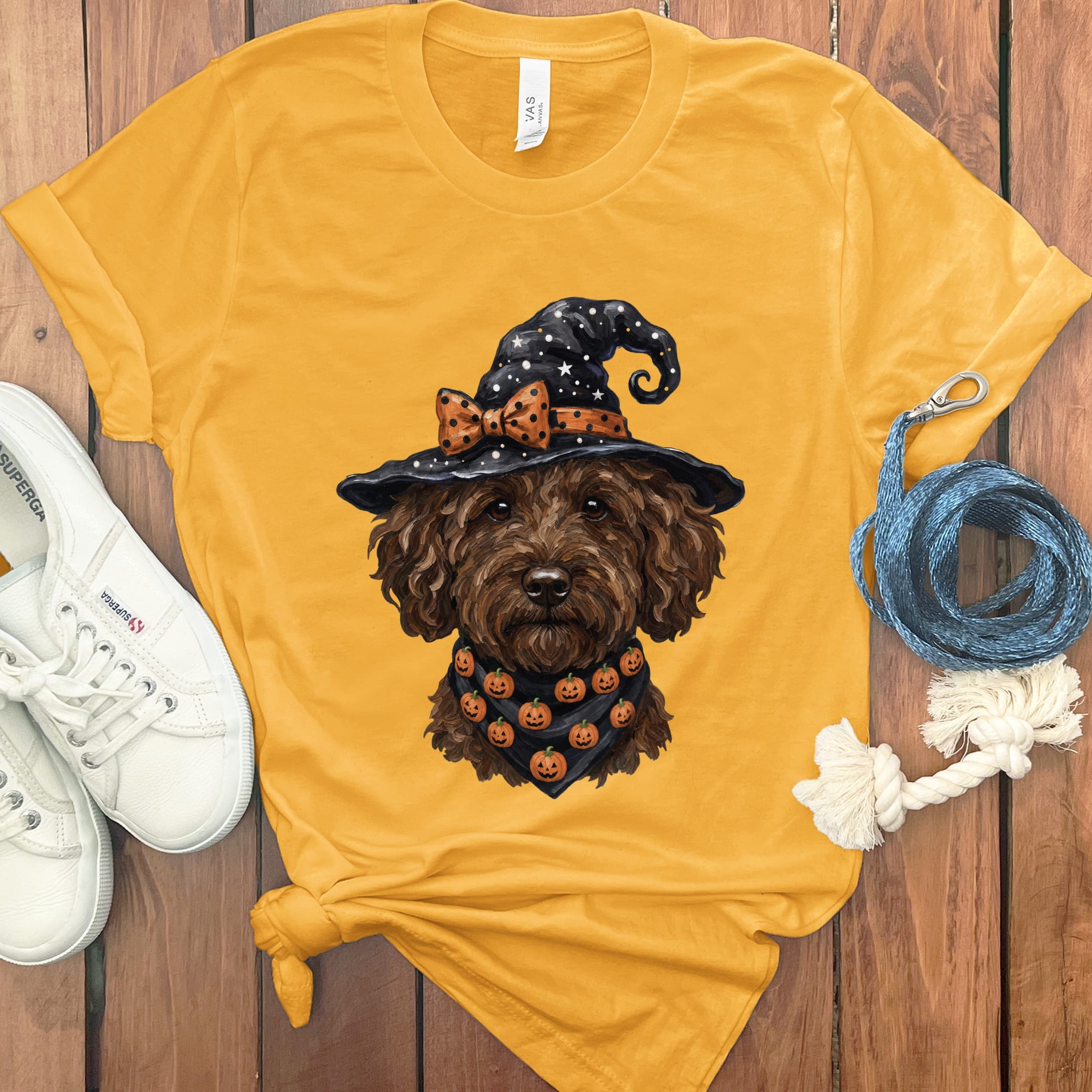 Chocolate Goldendoodle Witch Hat T-Shirt in Gold / S by MyDesigns