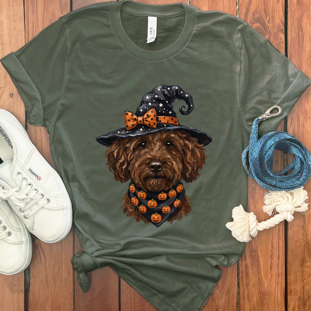 Chocolate Goldendoodle Witch Hat T-Shirt in Military Green / S by MyDesigns