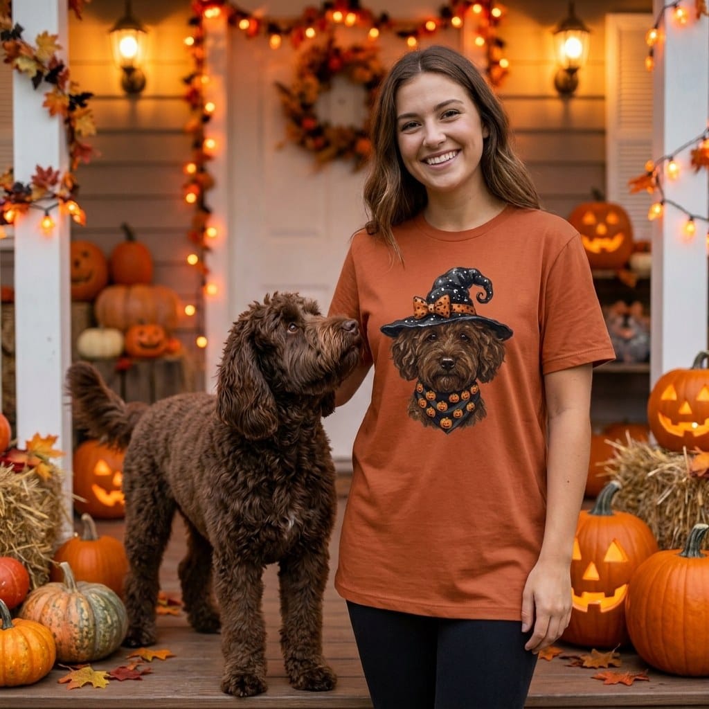 Chocolate Goldendoodle Witch Hat T-Shirt in by MyDesigns