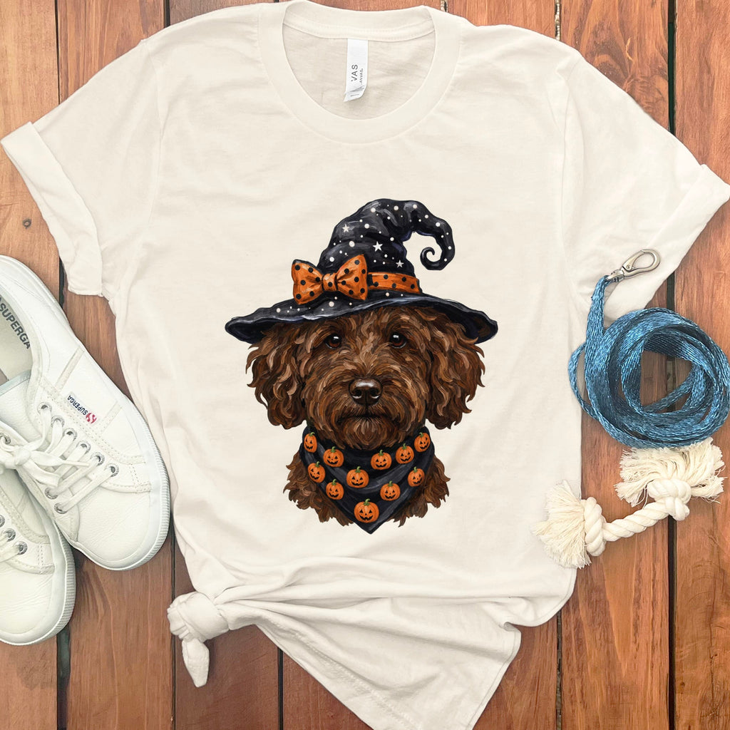 Chocolate Goldendoodle Witch Hat T-Shirt in Natural / S by MyDesigns