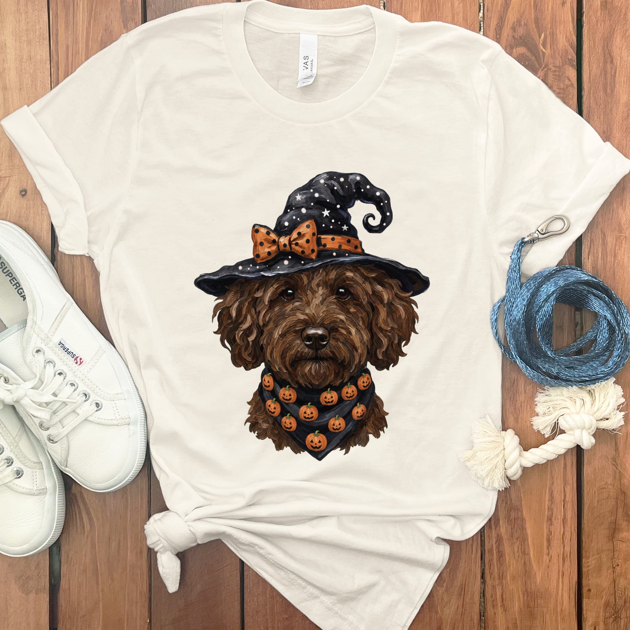 Chocolate Goldendoodle Witch Hat T-Shirt in Natural / S by MyDesigns