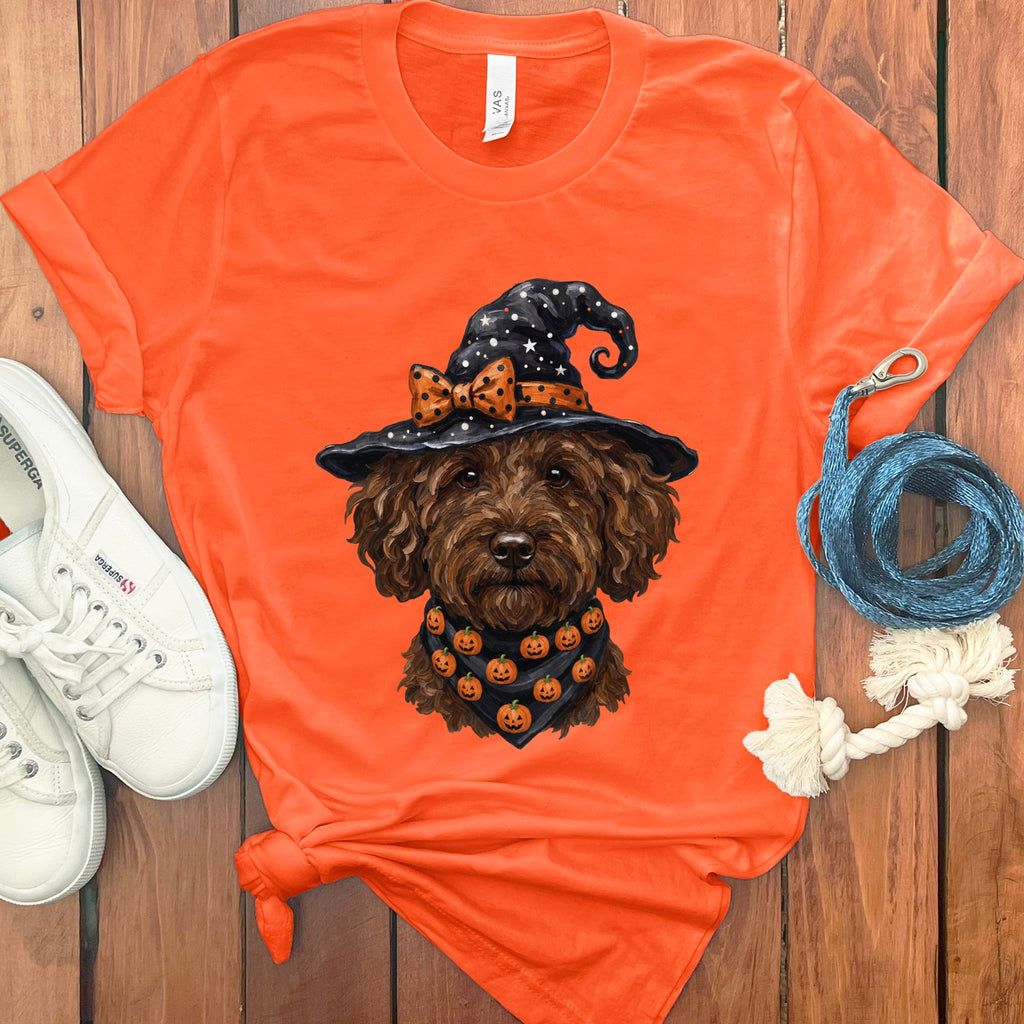 Chocolate Goldendoodle Witch Hat T-Shirt in Orange / S by MyDesigns