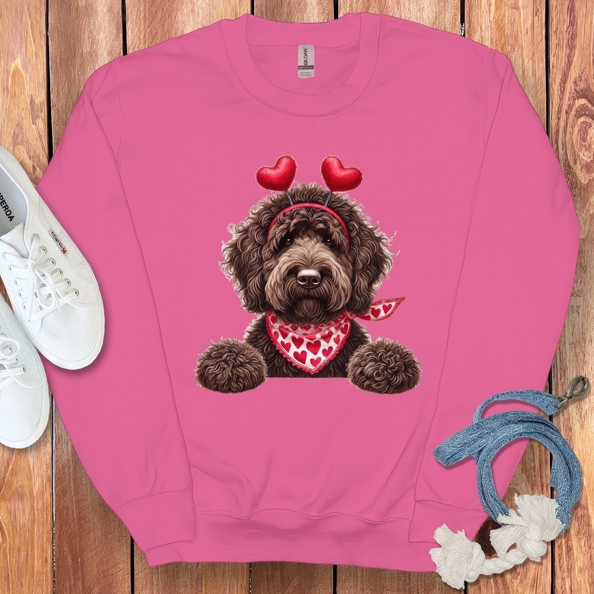 Chocolate Labradoodle Heart Sweatshirt in Heliconia / S by Puppy Jo
