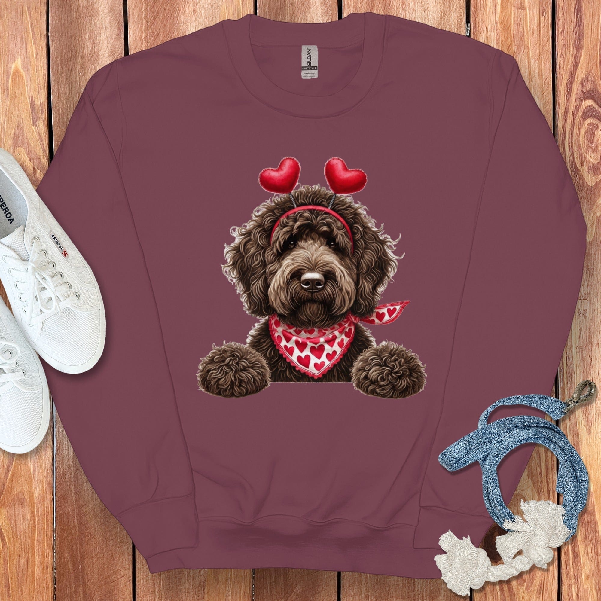 Chocolate Labradoodle Heart Sweatshirt in Maroon / S by Puppy Jo