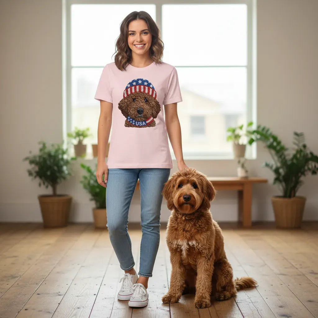 Chocolate Patriotic Cap Goldendoodle T-Shirt in by Puppy Jo