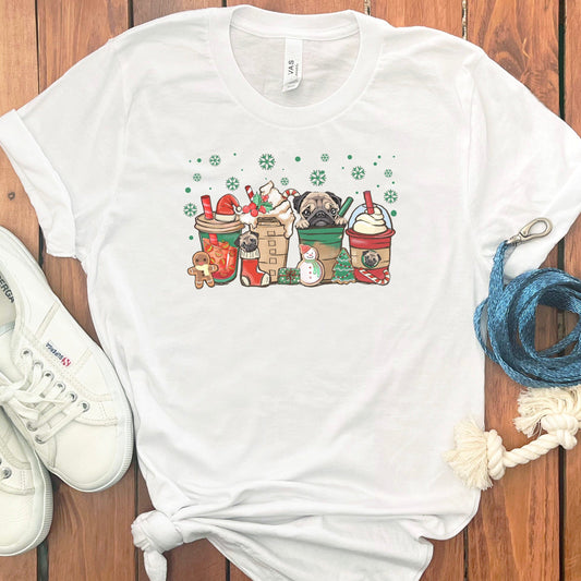 CHRISTMAS PUG COFFEE T-SHIRT