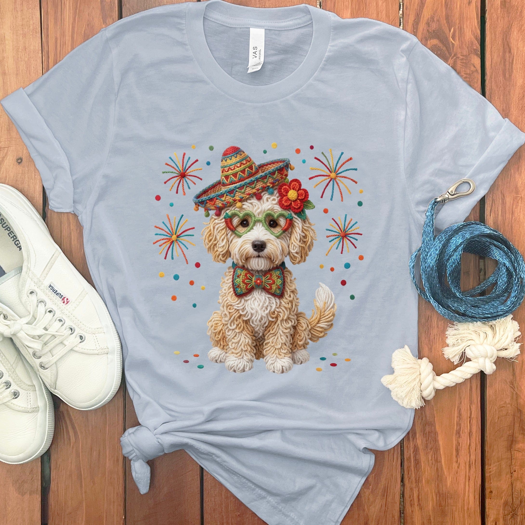 Cinco Cream Goldendoodle T-Shirt in Light Blue / M by Puppy Jo