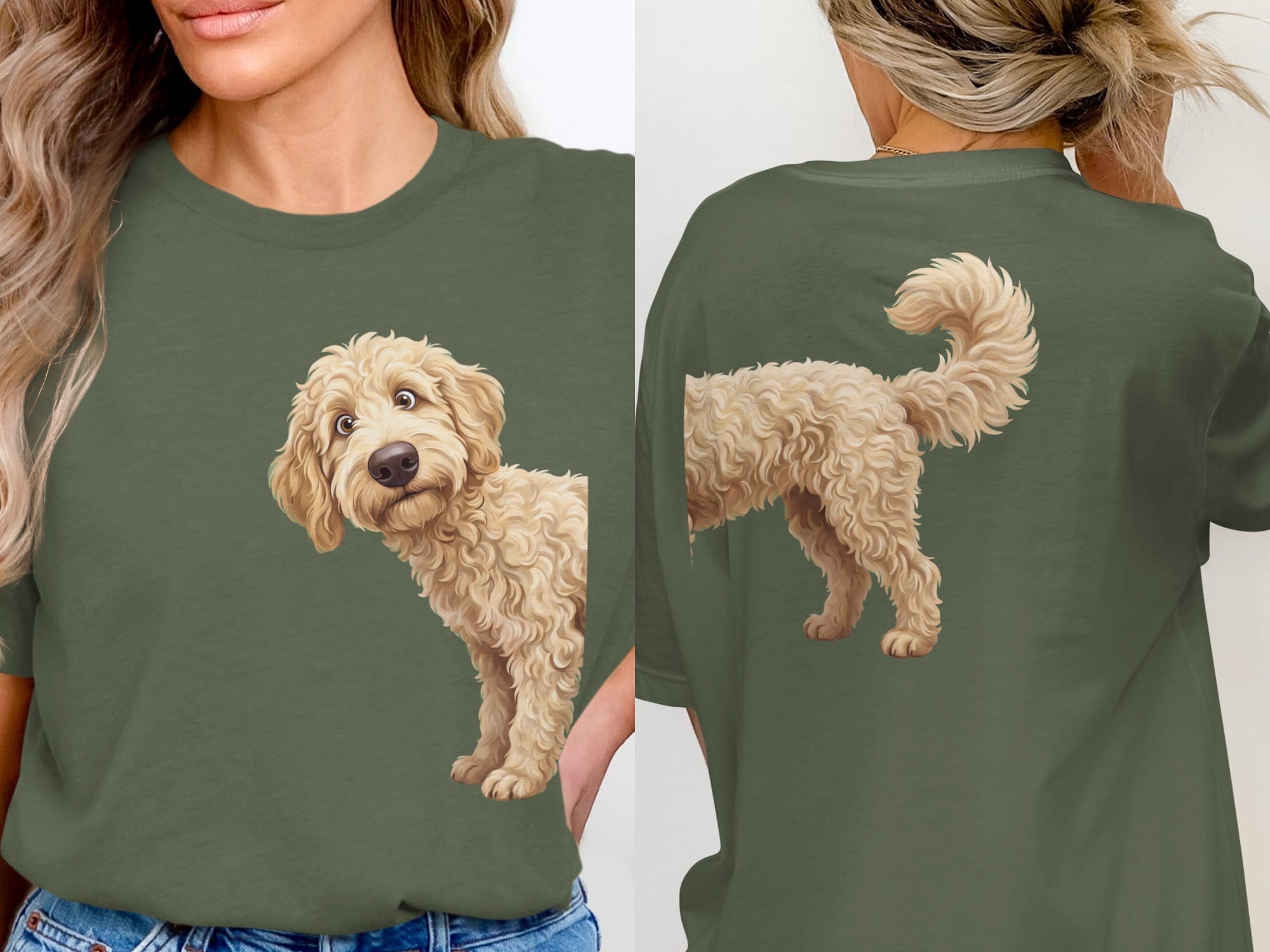 Coming & Going Cream Goldendoodle T-Shirt in Military Green / S by Puppy Jo