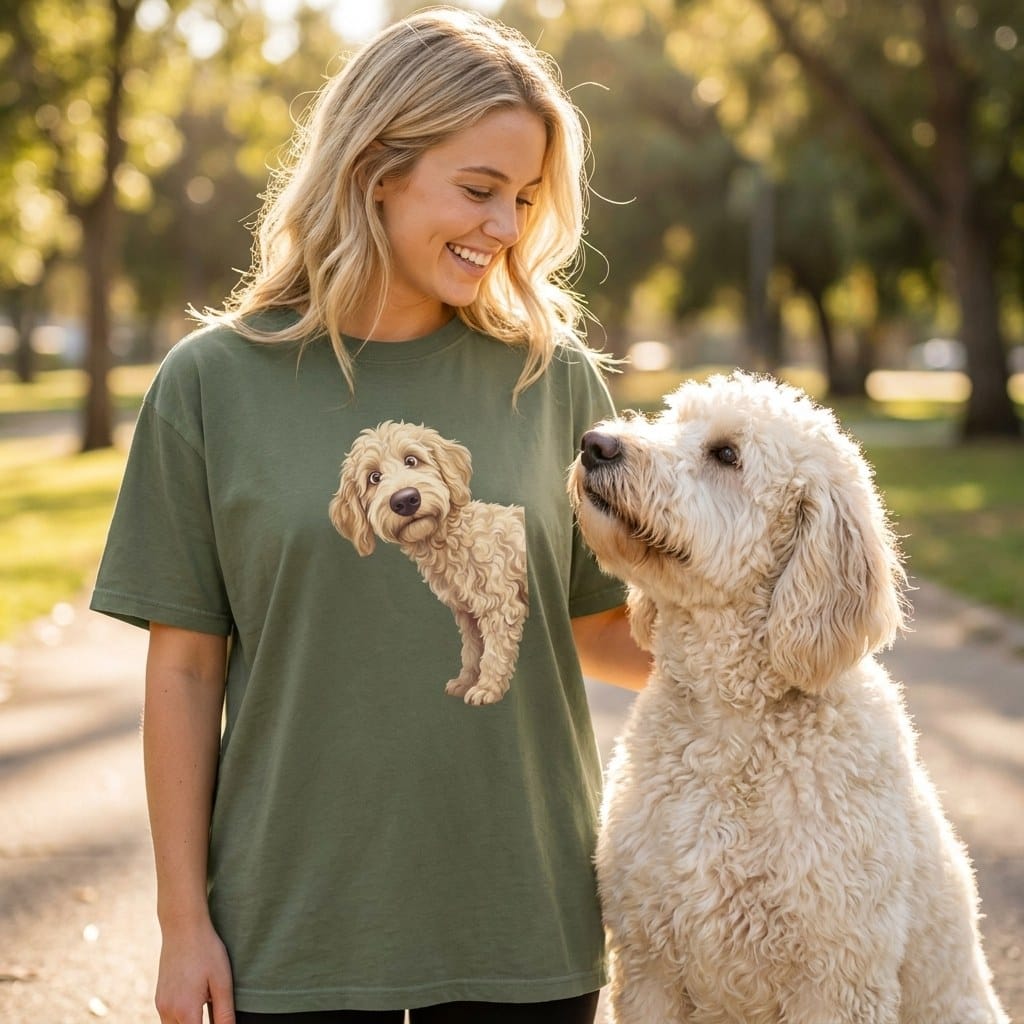 Coming & Going Cream Goldendoodle T-Shirt in by Puppy Jo
