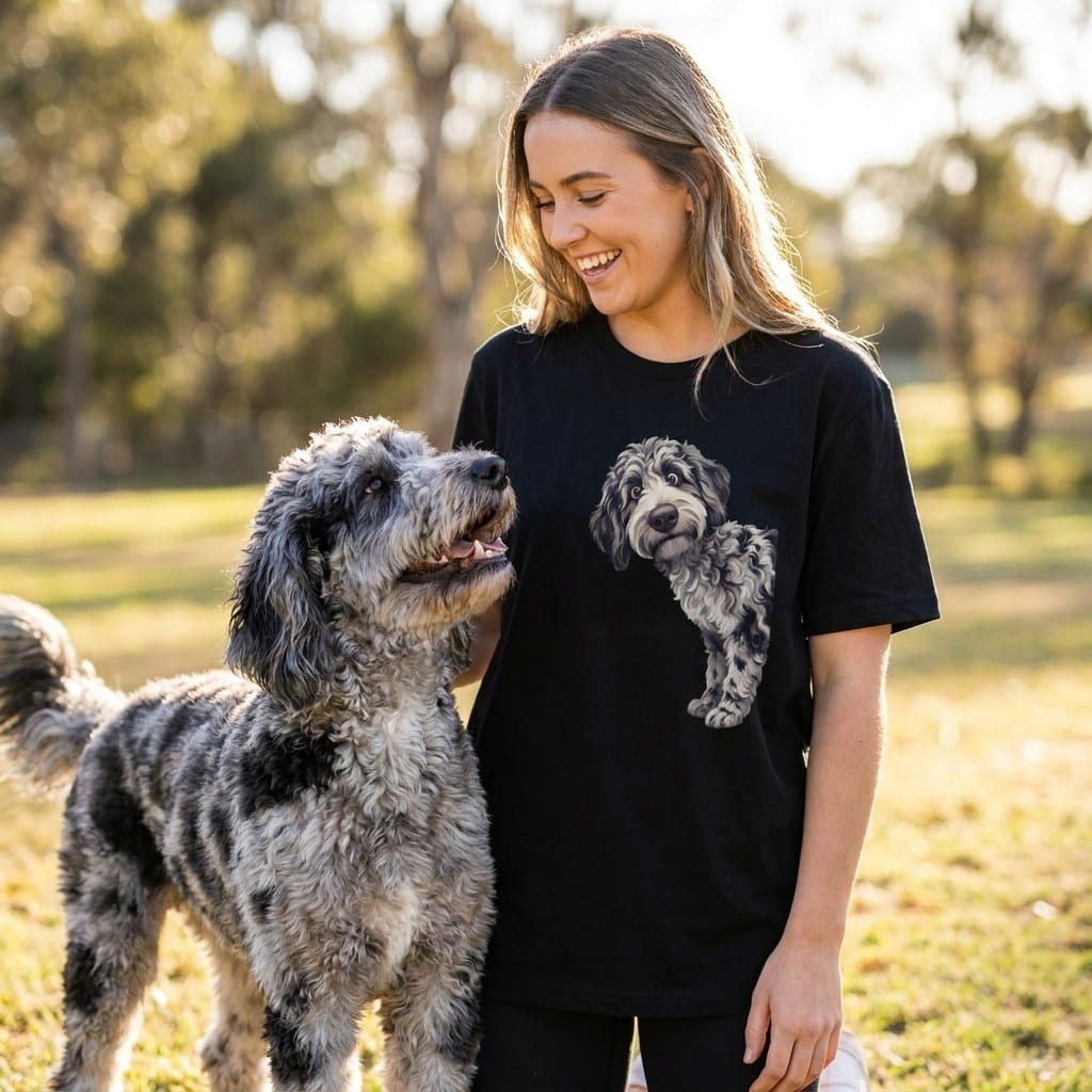 Coming & Going Merle Goldendoodle T-Shirt in by Puppy Jo