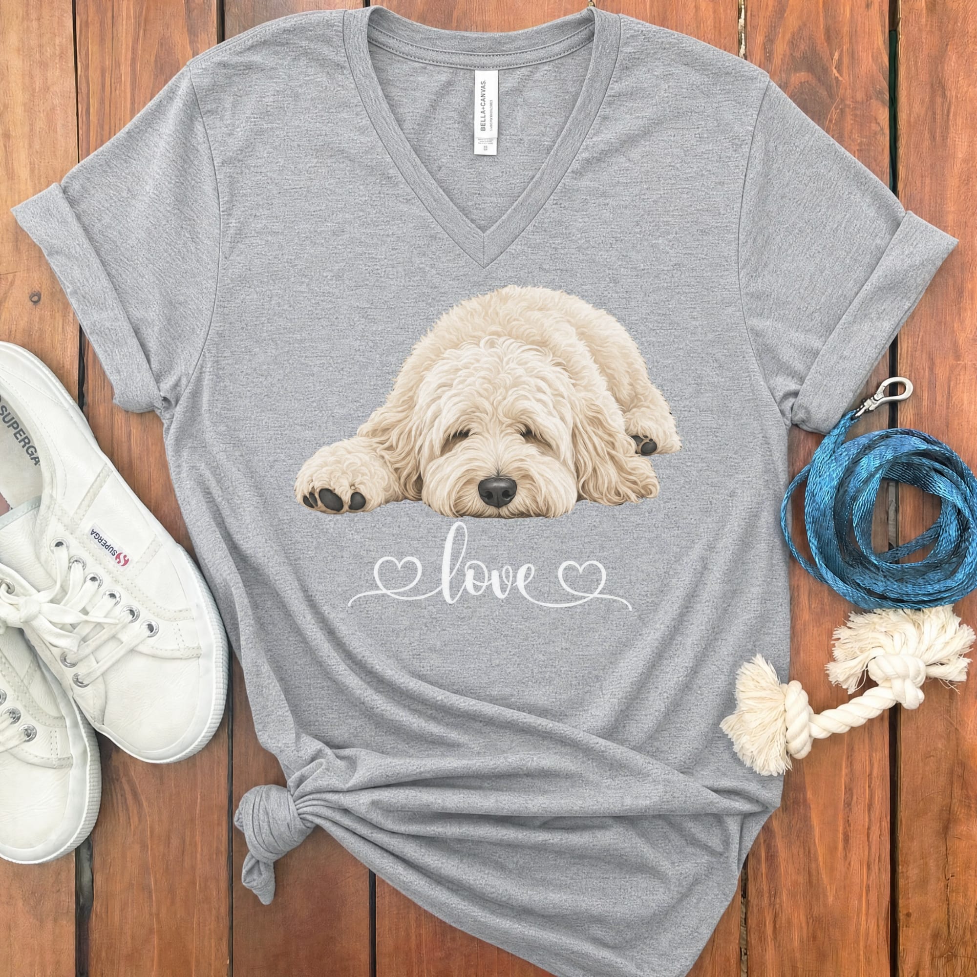 Cream Cockapoo Heart V-Neck T-Shirt in Athletic Heather / S by Puppy Jo