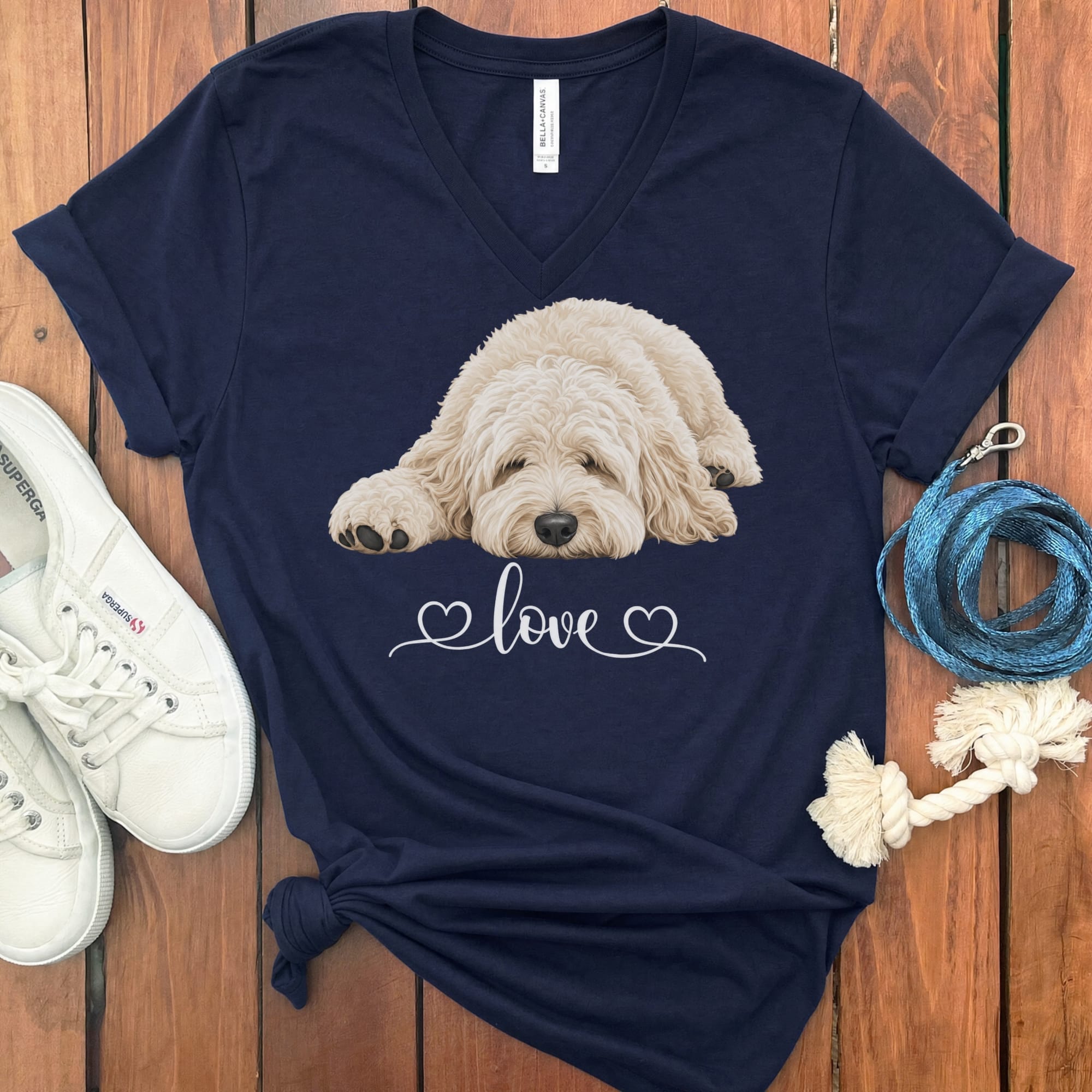 Cream Cockapoo Heart V-Neck T-Shirt in Navy / S by Puppy Jo