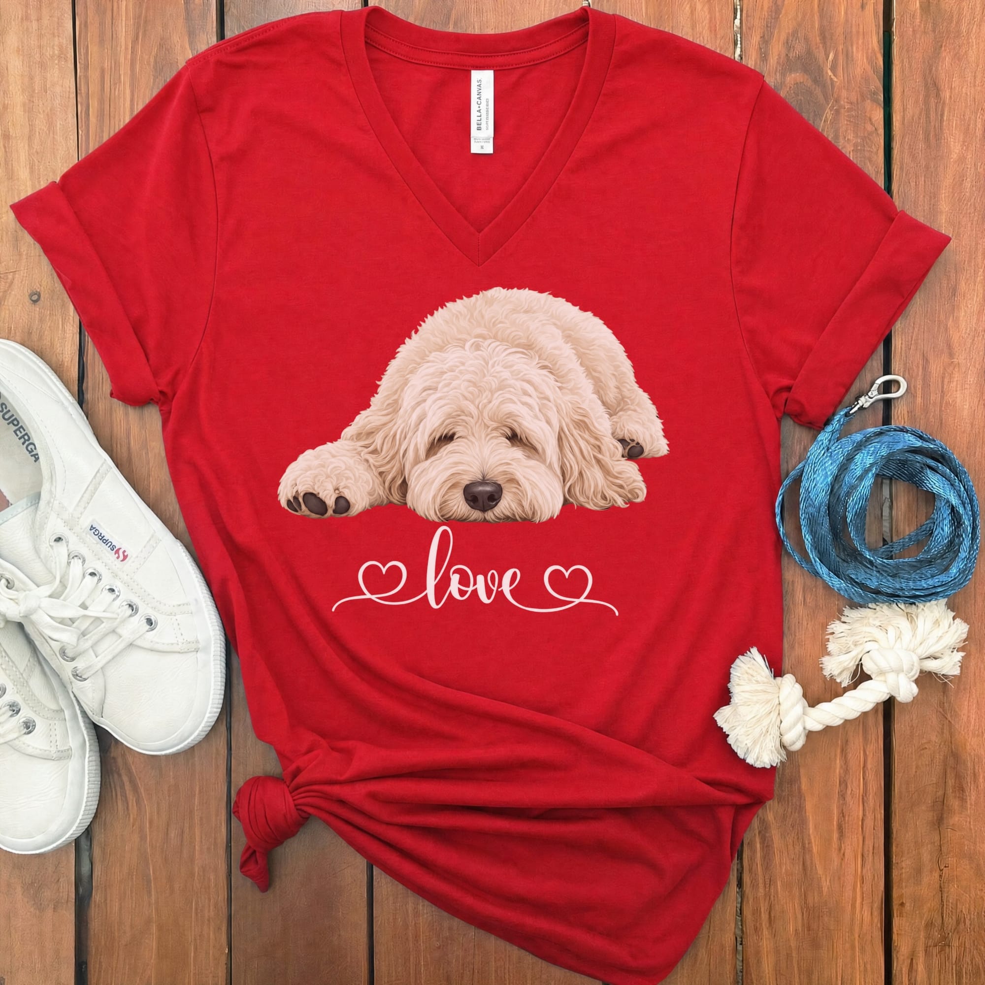 Cream Cockapoo Heart V-Neck T-Shirt in Red / S by Puppy Jo