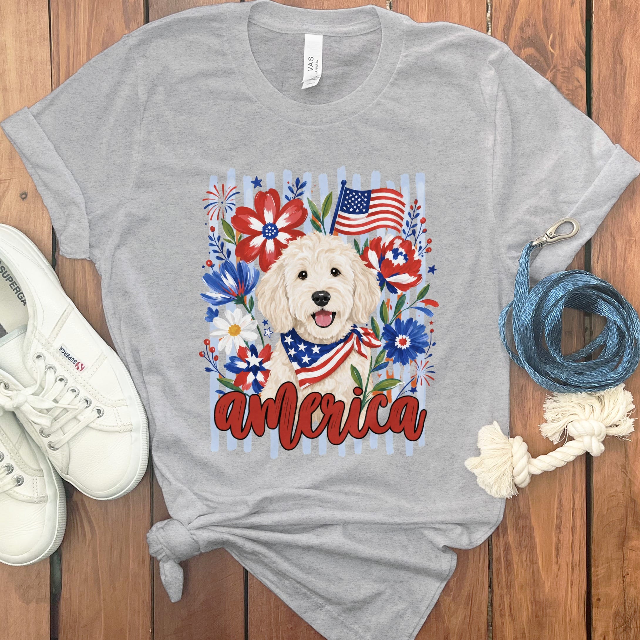 Cream Doodle America T-Shirt in Athletic Heather / S by Puppy Jo