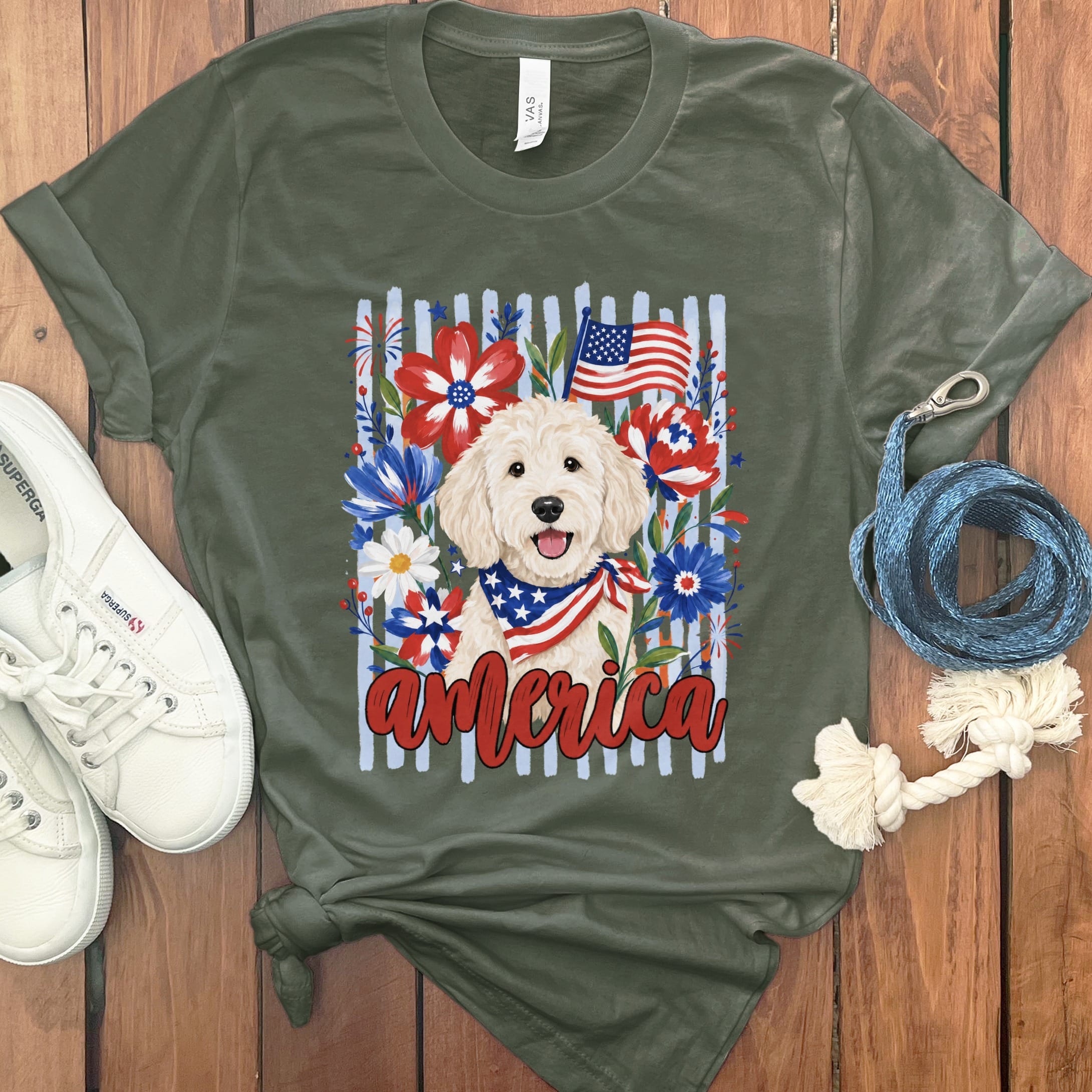 Cream Doodle America T-Shirt in Military Green / S by Puppy Jo