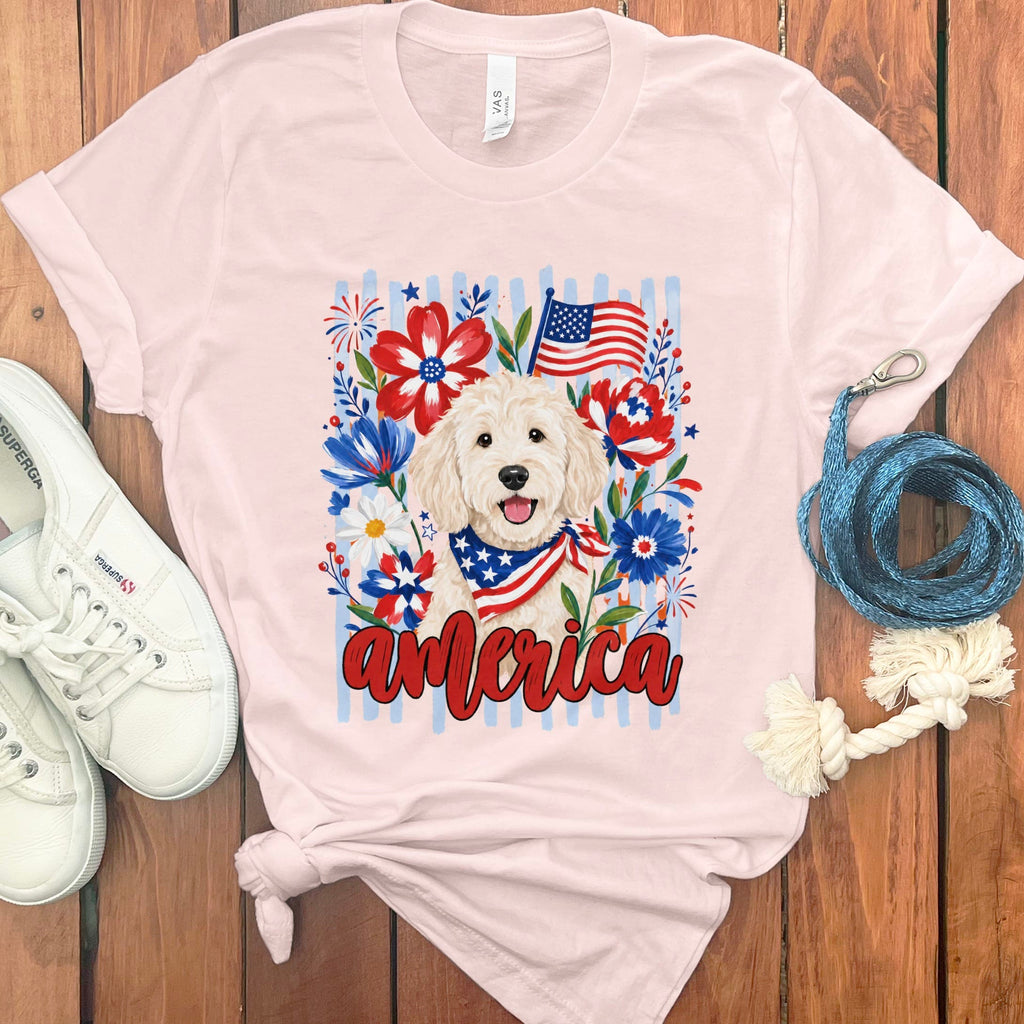 Cream Doodle America T-Shirt in Soft Pink / S by Puppy Jo