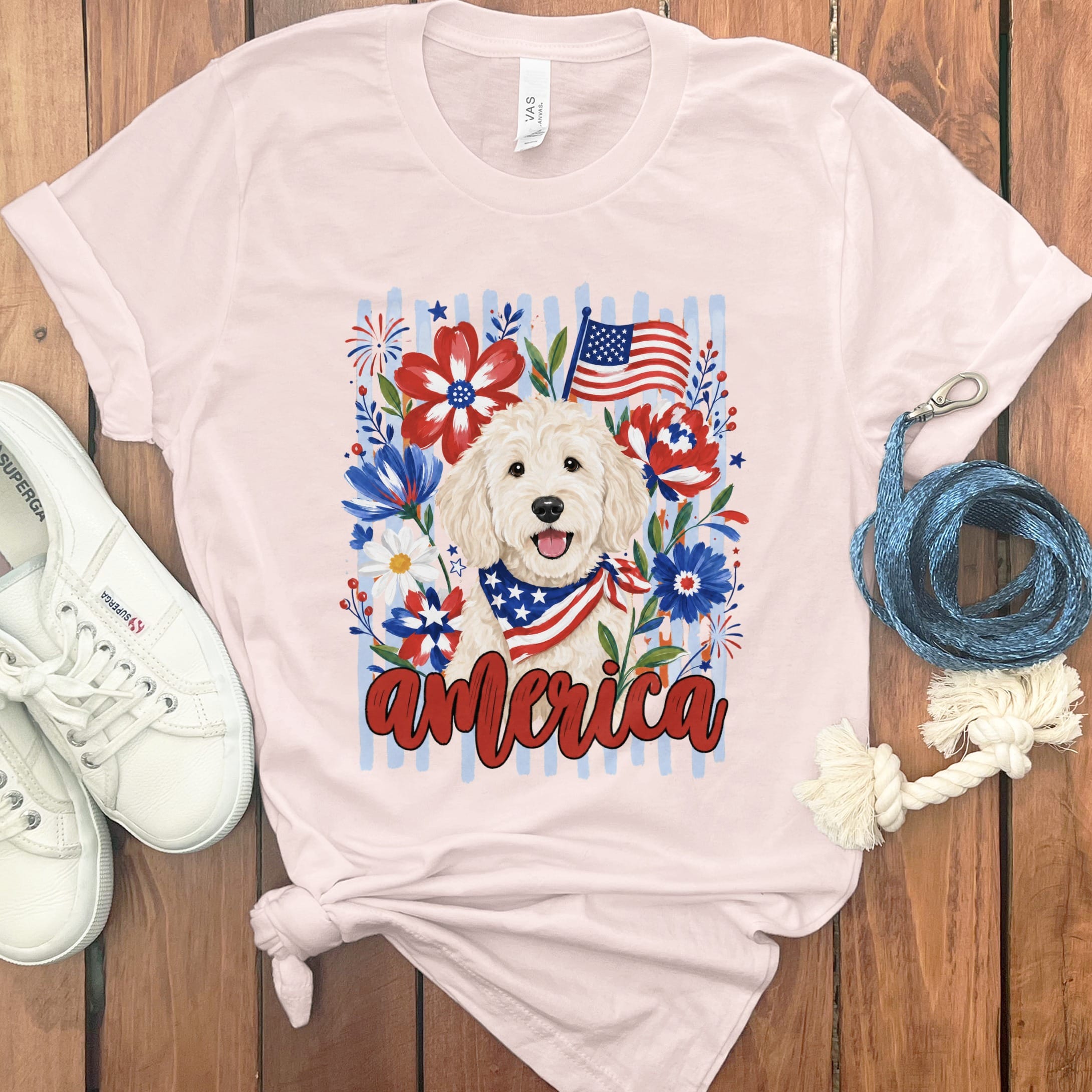 Cream Doodle America T-Shirt in Soft Pink / S by Puppy Jo