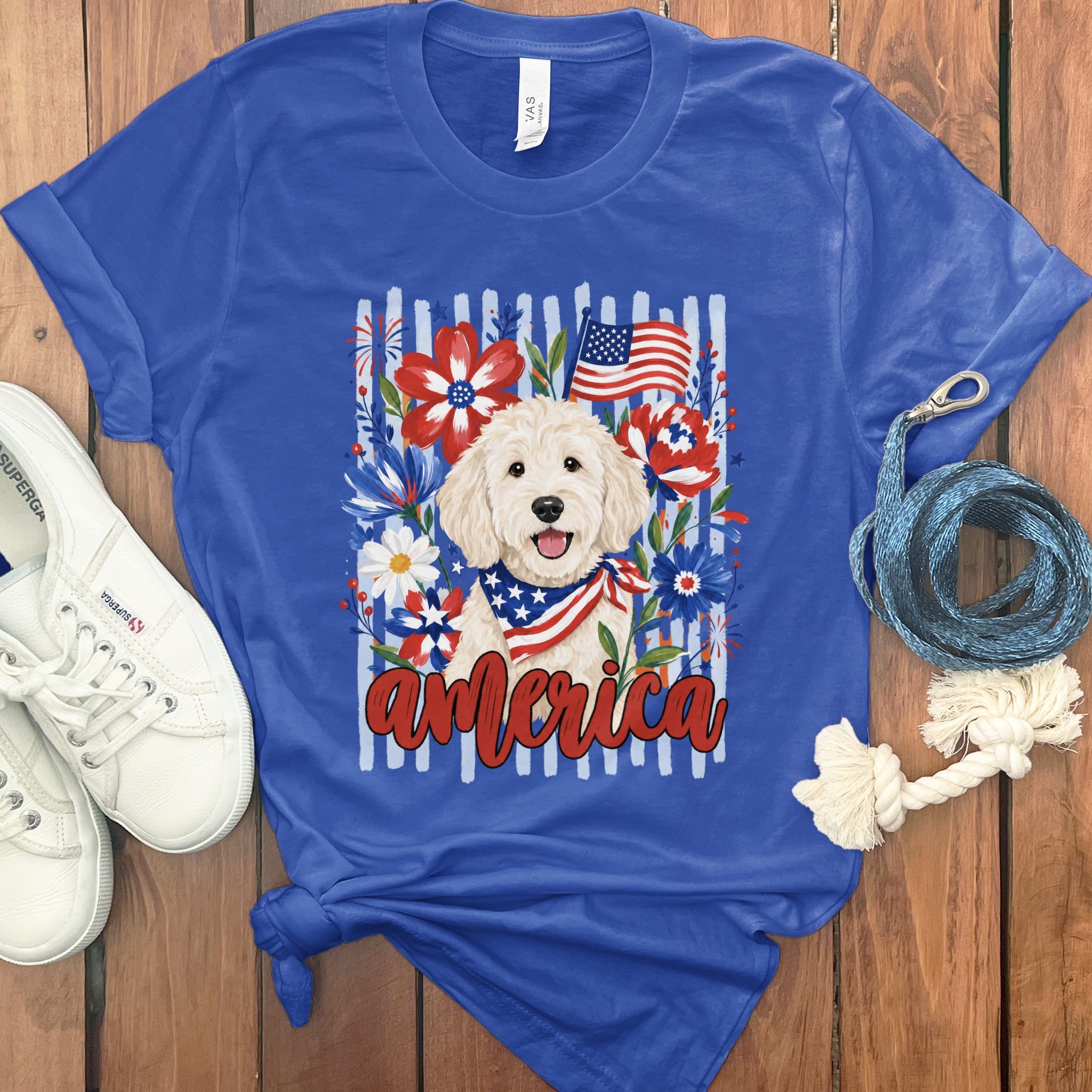 Cream Doodle America T-Shirt in True Royal / S by Puppy Jo