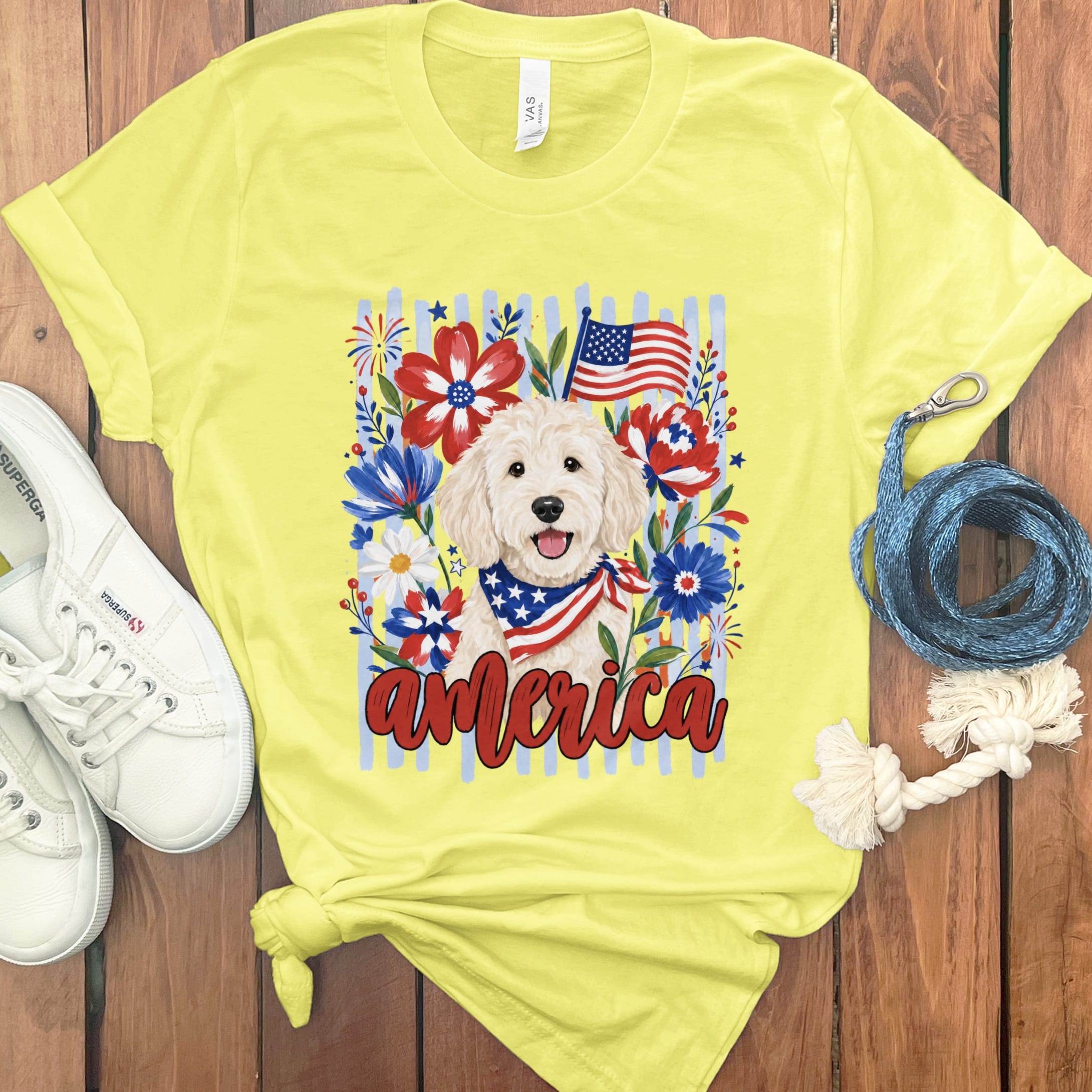 Cream Doodle America T-Shirt in Yellow / S by Puppy Jo