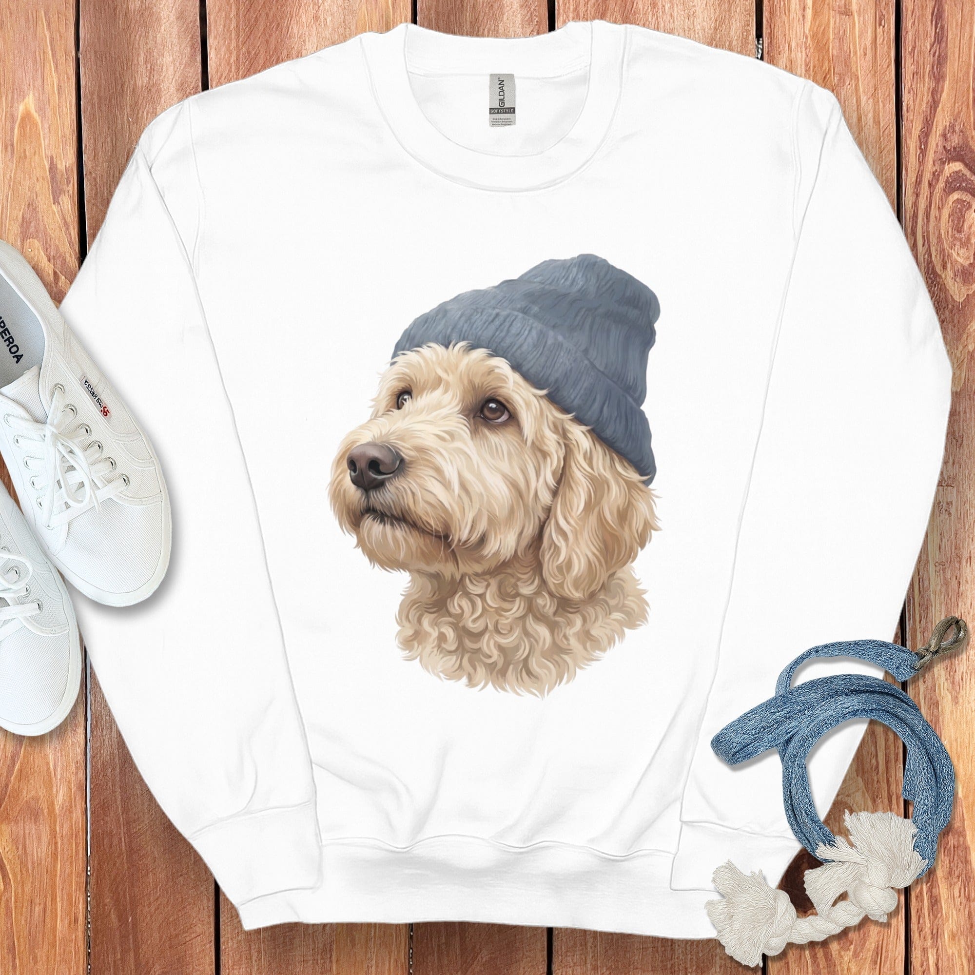 Cream Doodle Blue Cap Sweatshirt in White / M / Sweatshirts by Puppy Jo