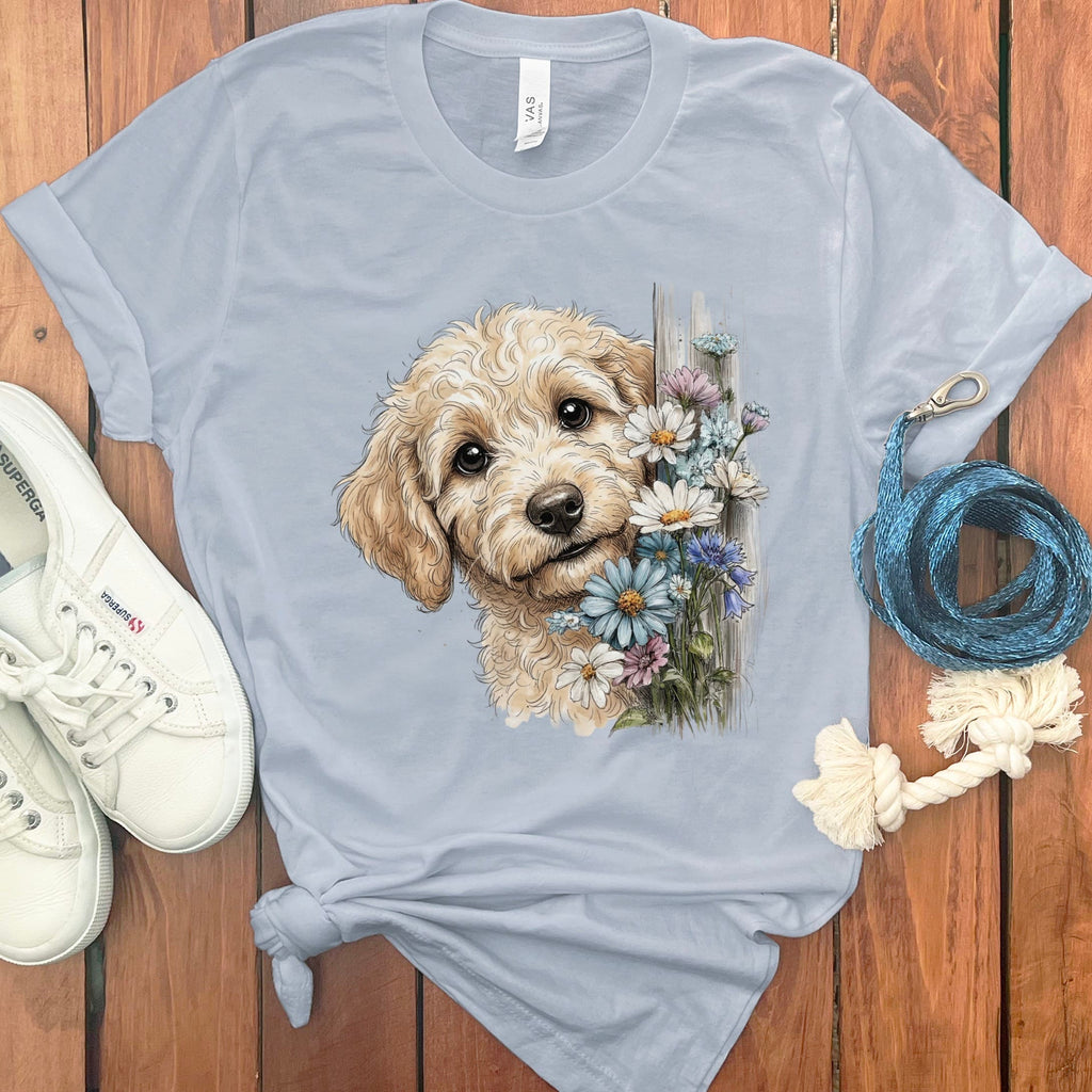 Cream Doodle Daisy Peeking T-Shirt in Light Blue / S by Puppy Jo