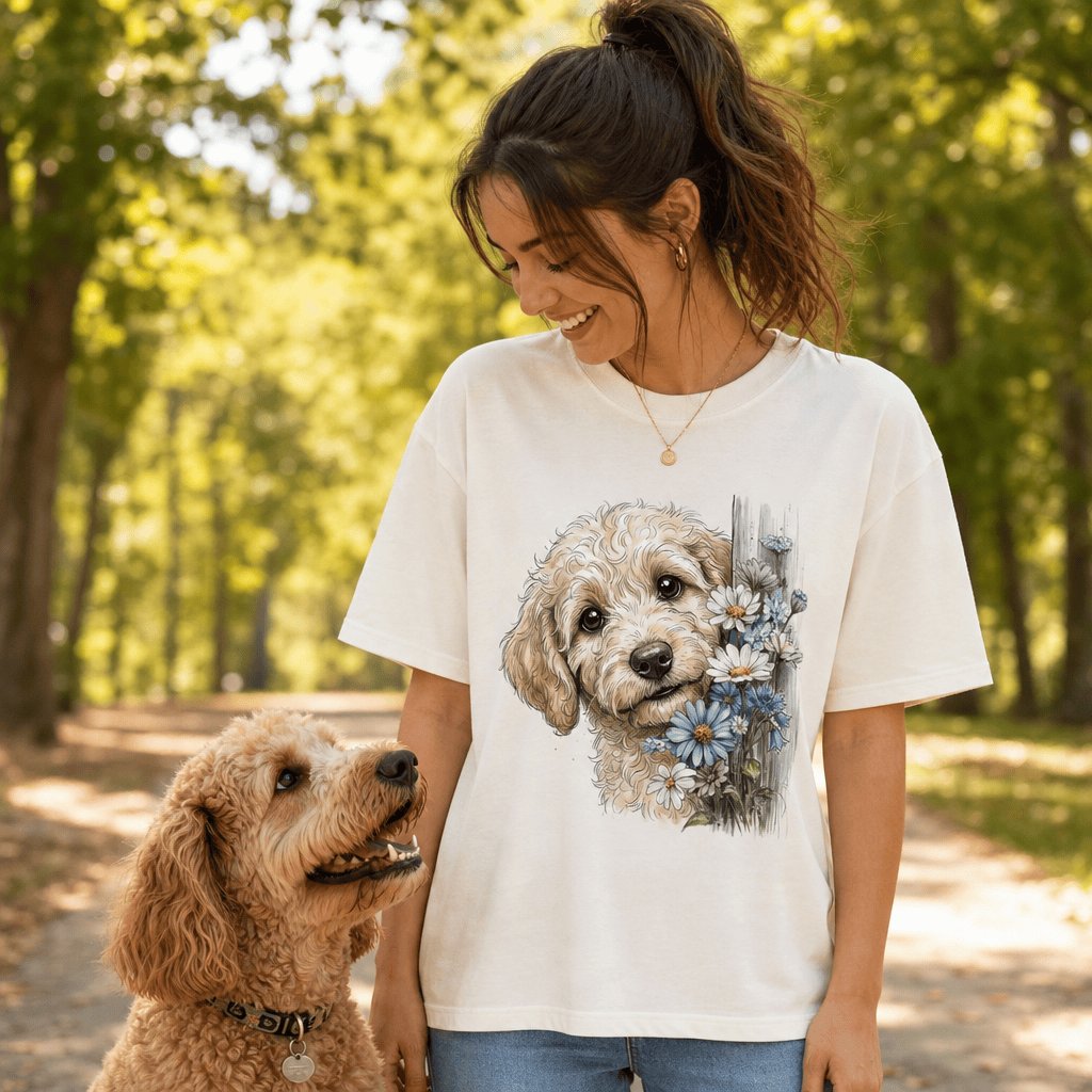 Cream Doodle Daisy Peeking T-Shirt in by Puppy Jo