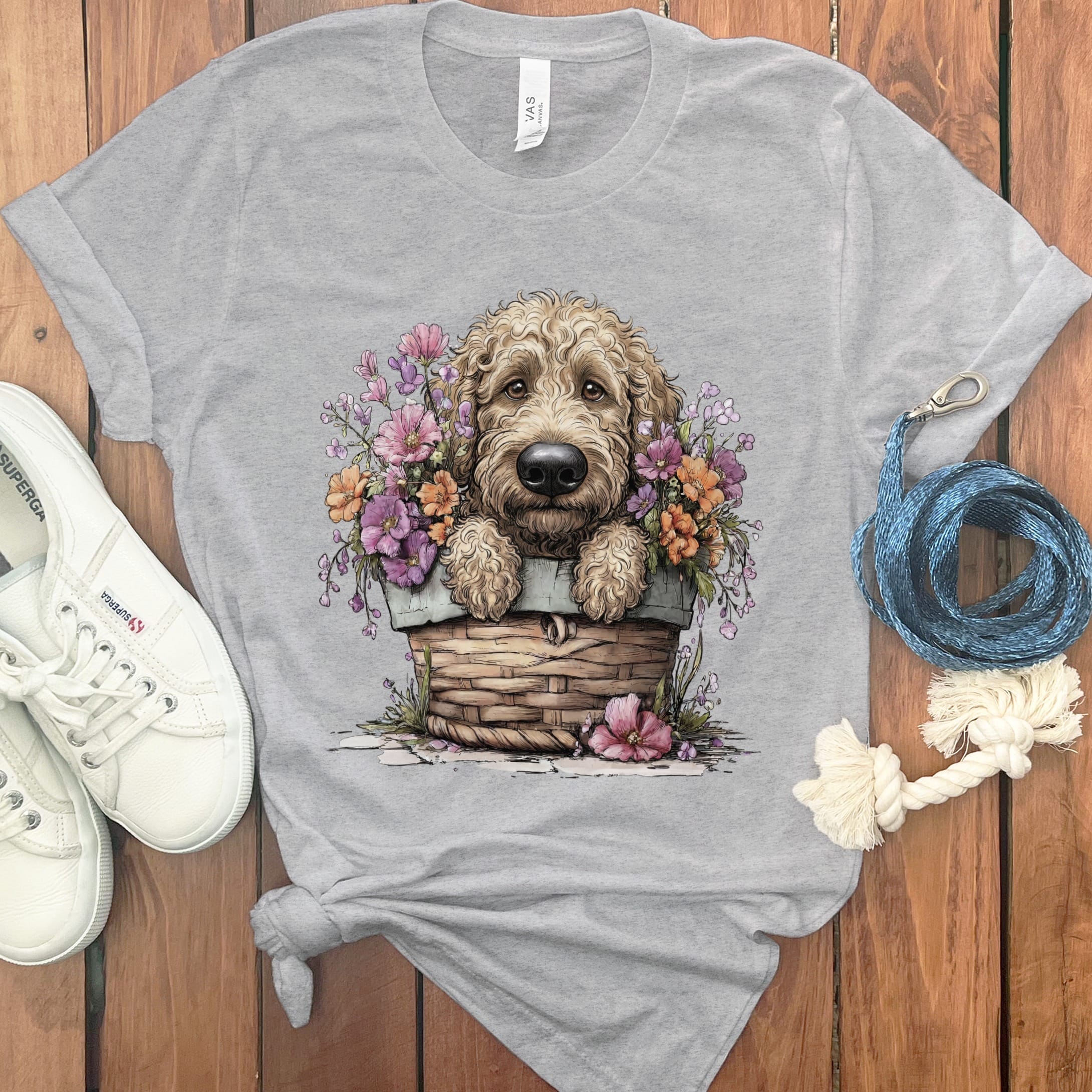 Cream Doodle Floral Basket T-Shirt in Athletic Heather / M by Puppy Jo