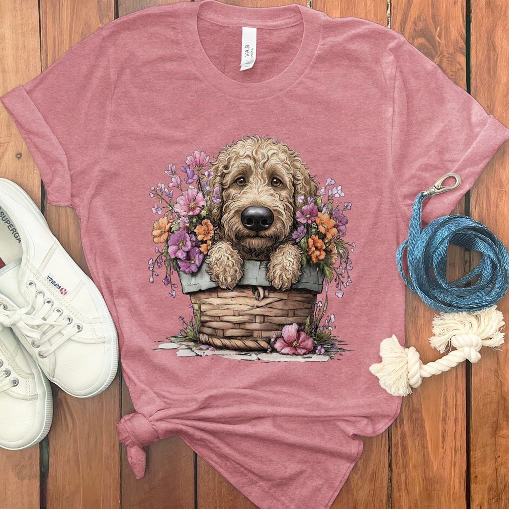 Cream Doodle Floral Basket T-Shirt in Heather Mauve / M by Puppy Jo