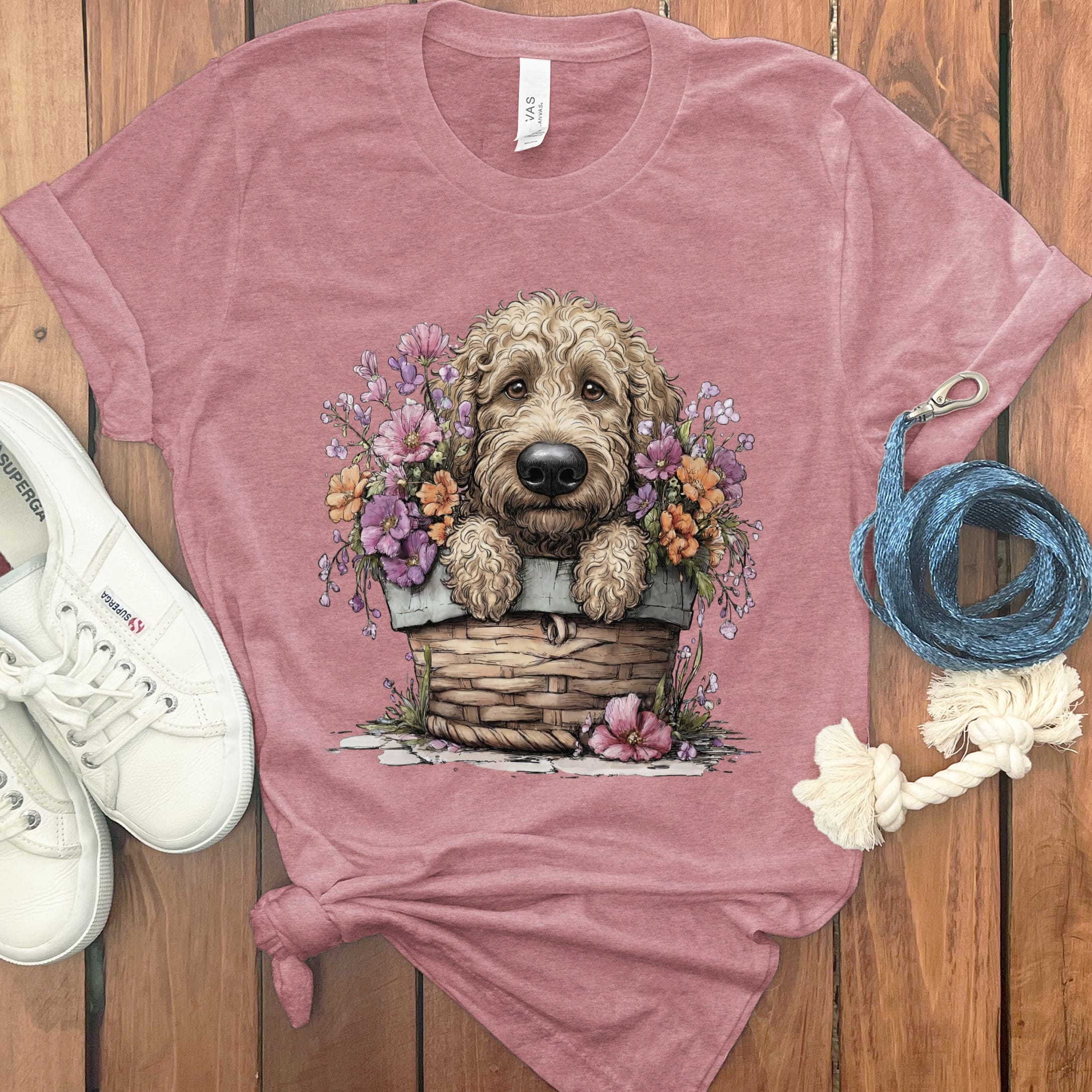 Cream Doodle Floral Basket T-Shirt in Heather Mauve / M by Puppy Jo