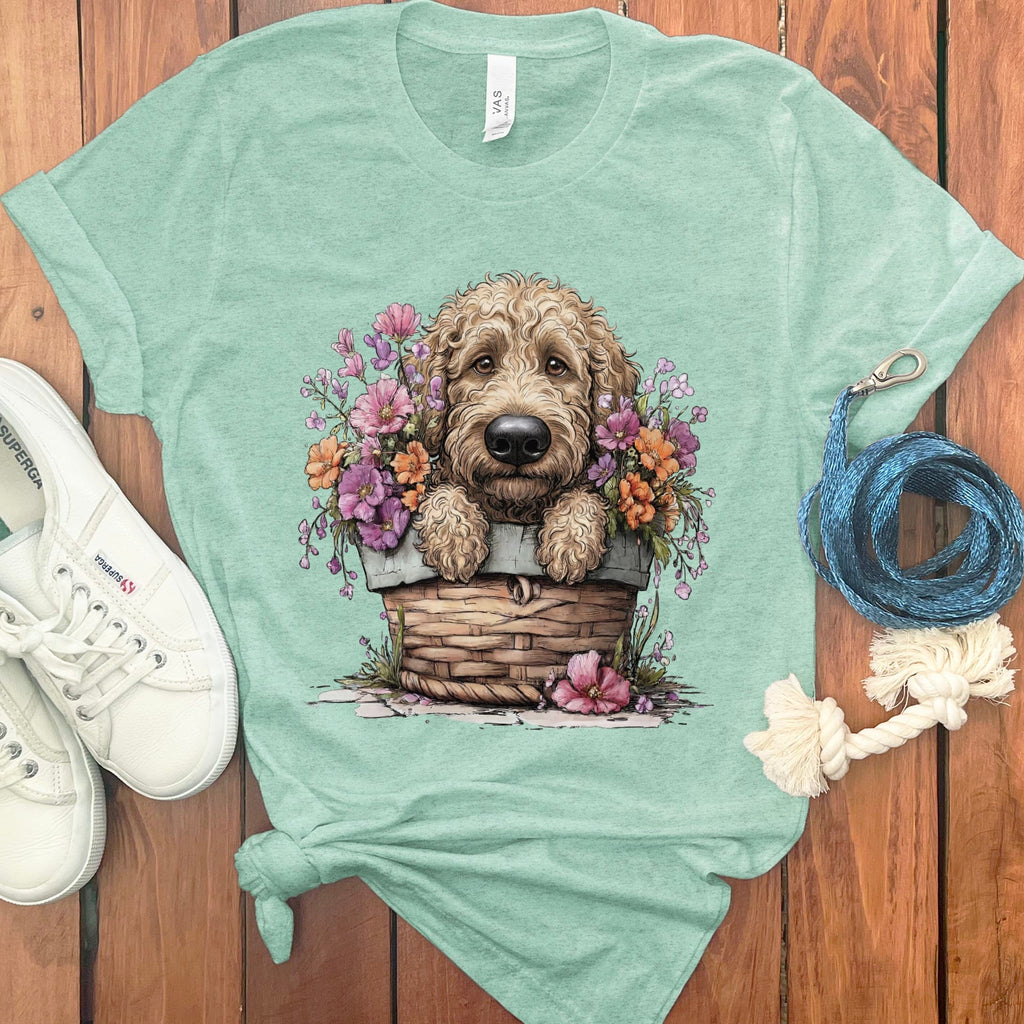 Cream Doodle Floral Basket T-Shirt in Heather Mint / XL by Puppy Jo