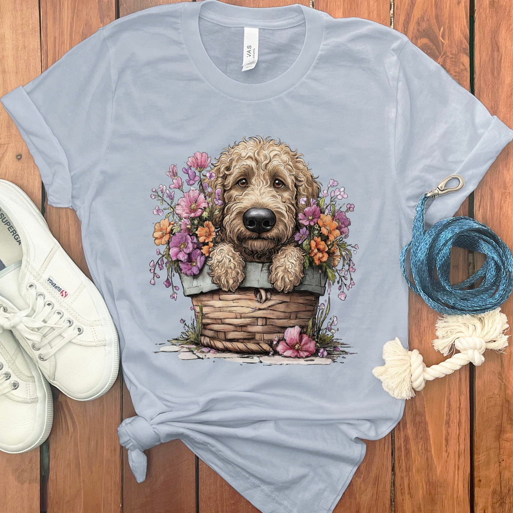 Cream Doodle Floral Basket T-Shirt in Light Blue / M by Puppy Jo
