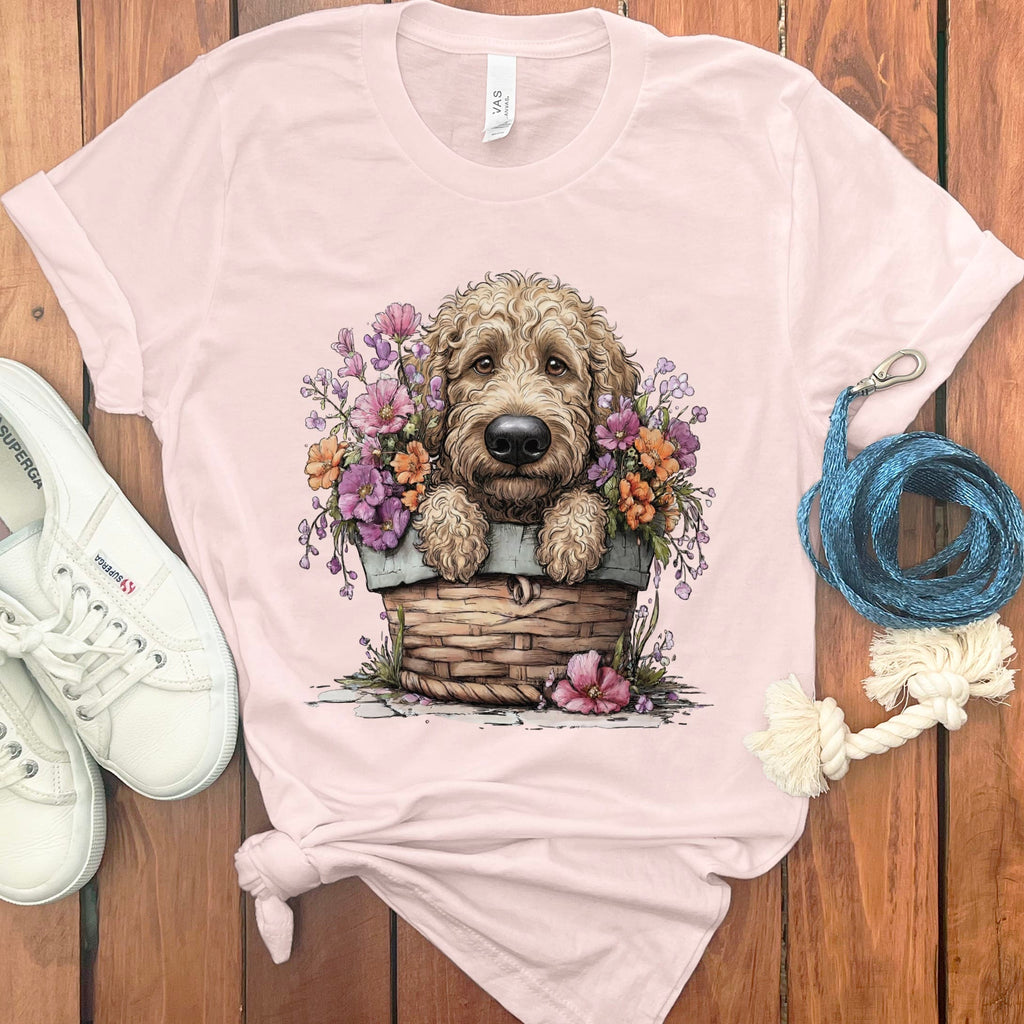 Cream Doodle Floral Basket T-Shirt in Soft Pink / M by Puppy Jo