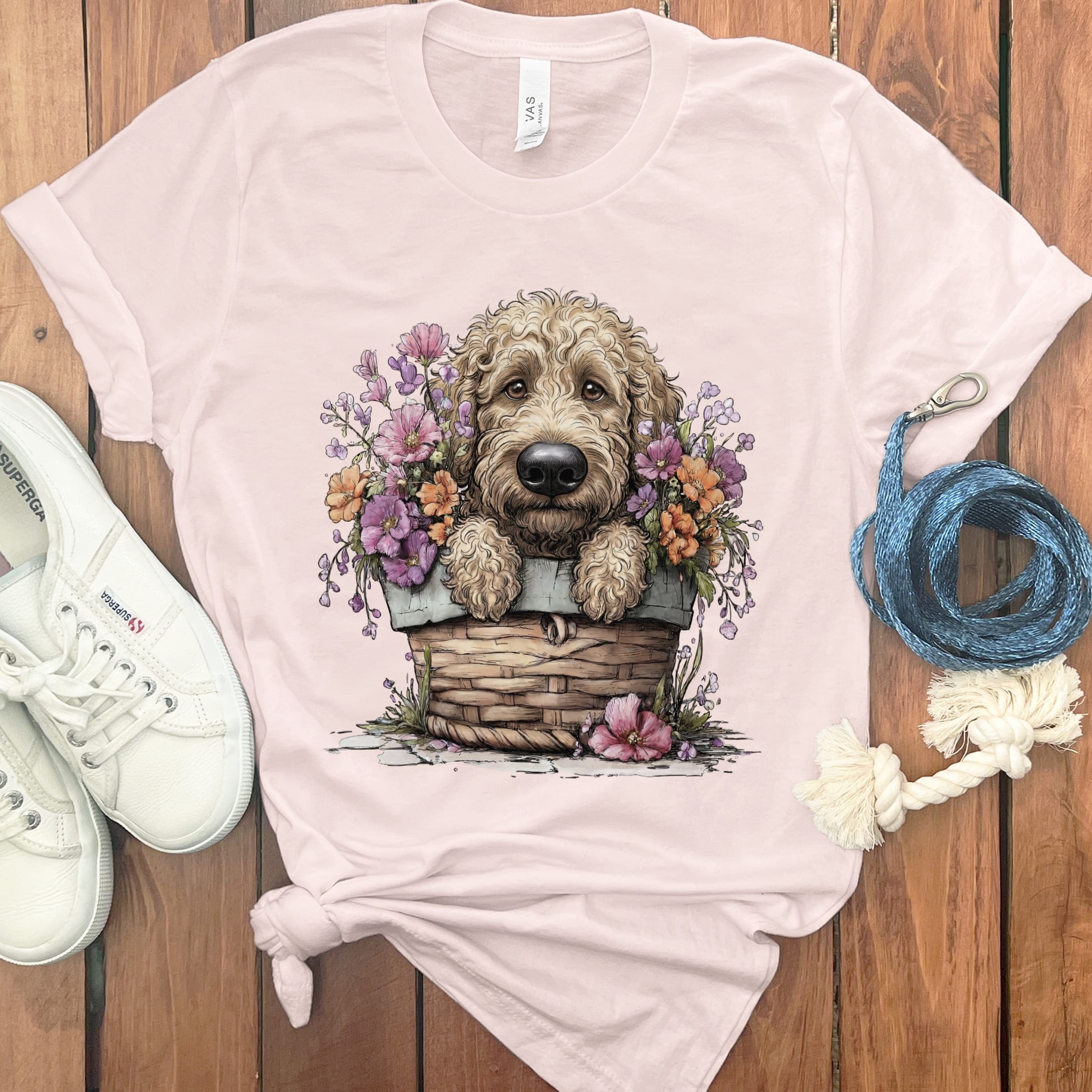 Cream Doodle Floral Basket T-Shirt in Soft Pink / M by Puppy Jo