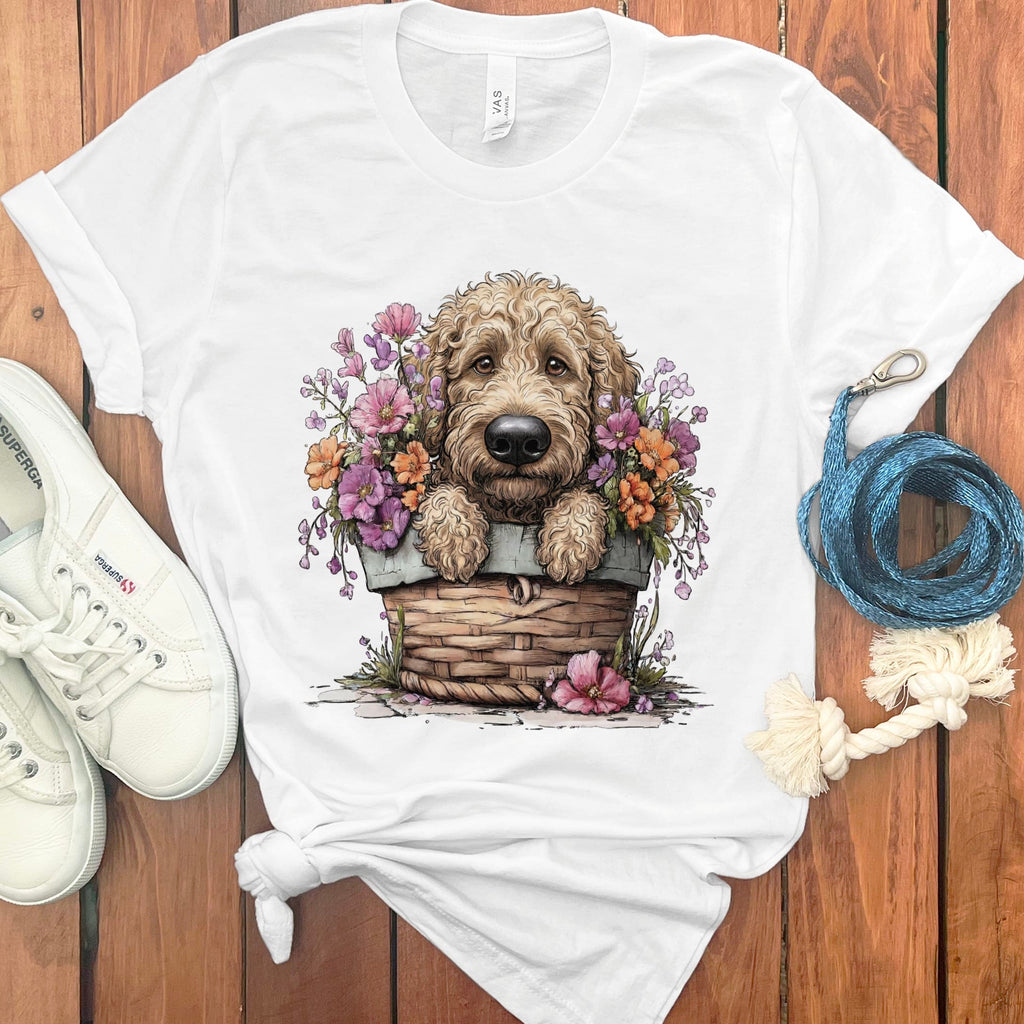 Cream Doodle Floral Basket T-Shirt in White / M by Puppy Jo