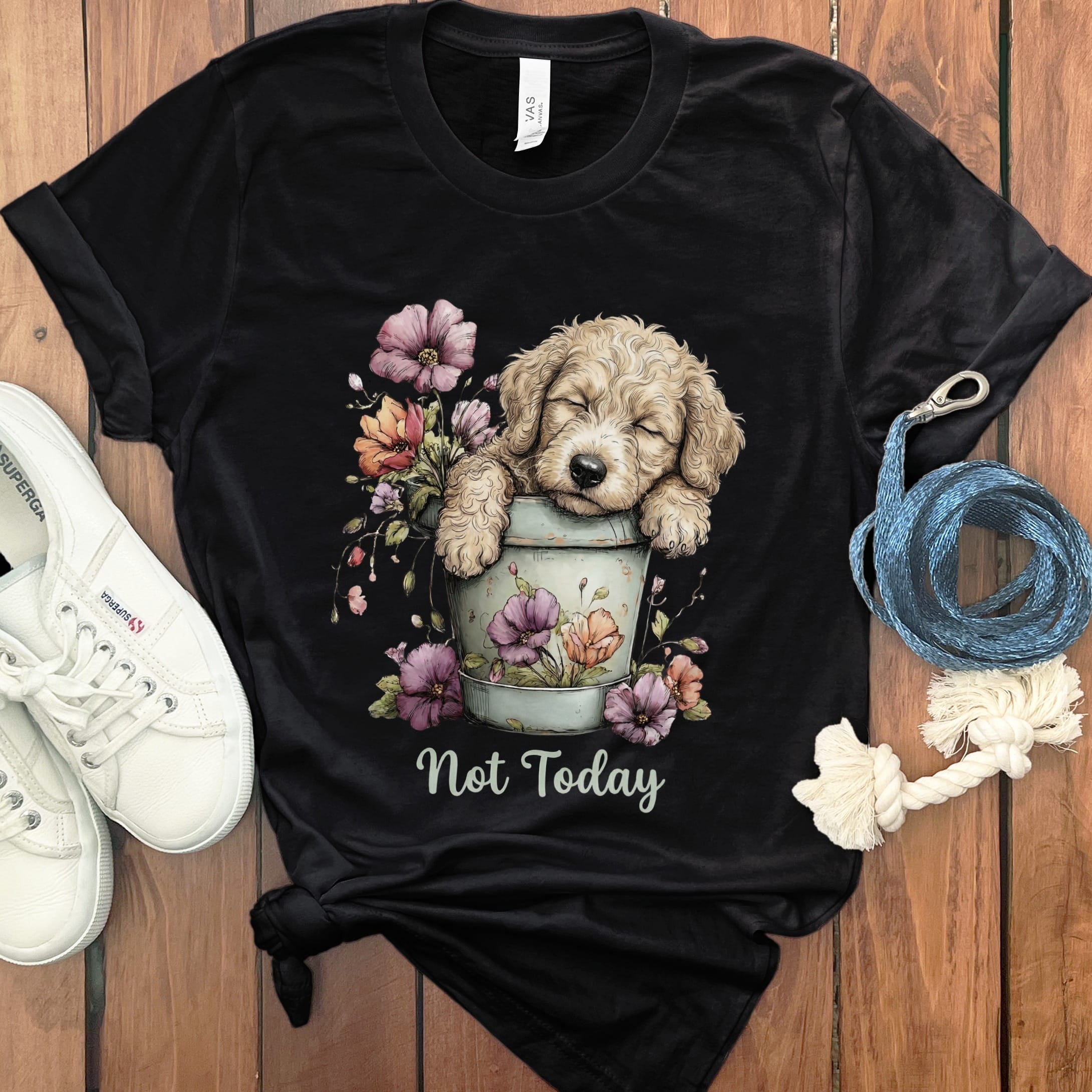 Cream Doodle Flower Pot T-Shirt in Black / S by Puppy Jo