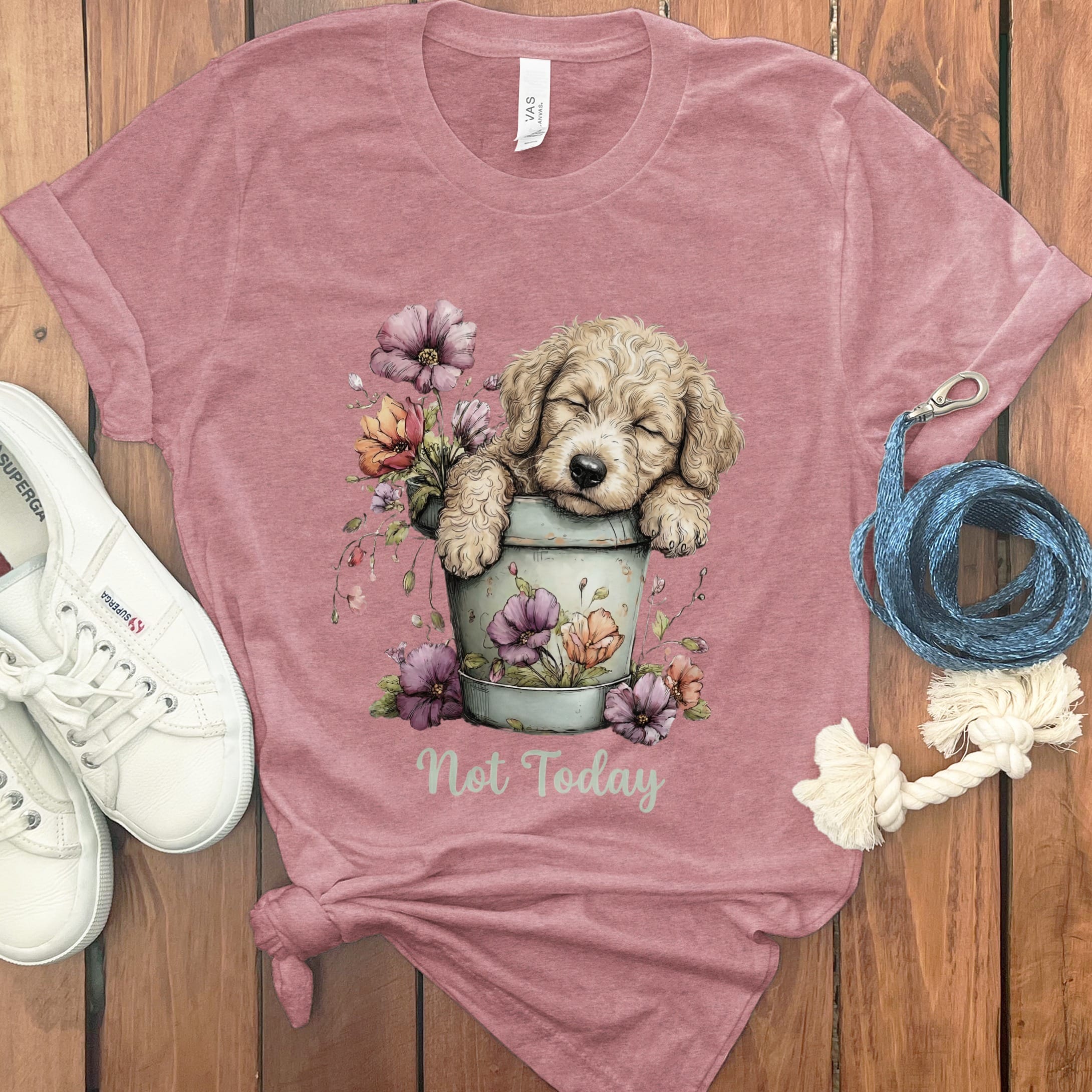 Cream Doodle Flower Pot T-Shirt in Heather Mauve / S by Puppy Jo