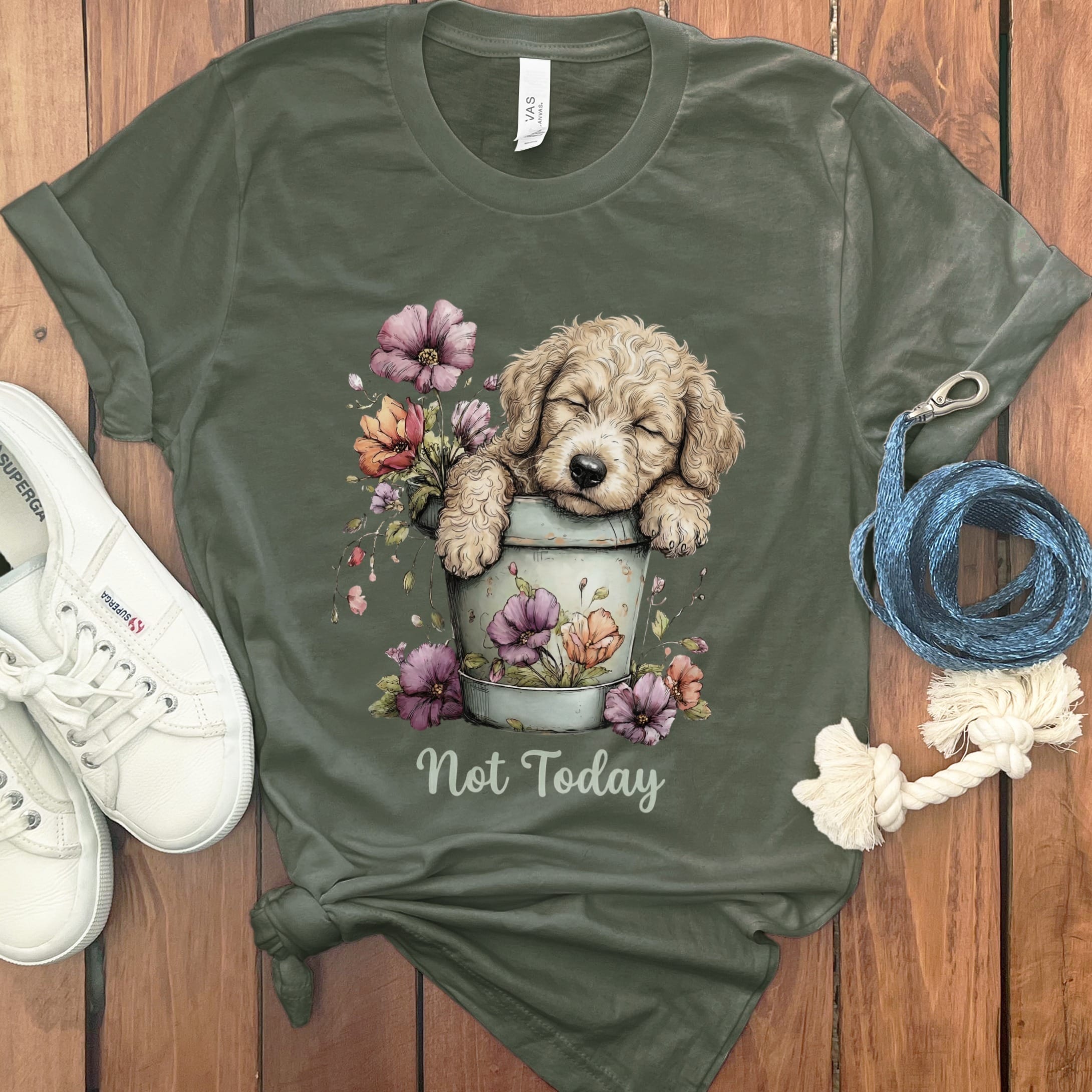 Cream Doodle Flower Pot T-Shirt in Military Green / S by Puppy Jo