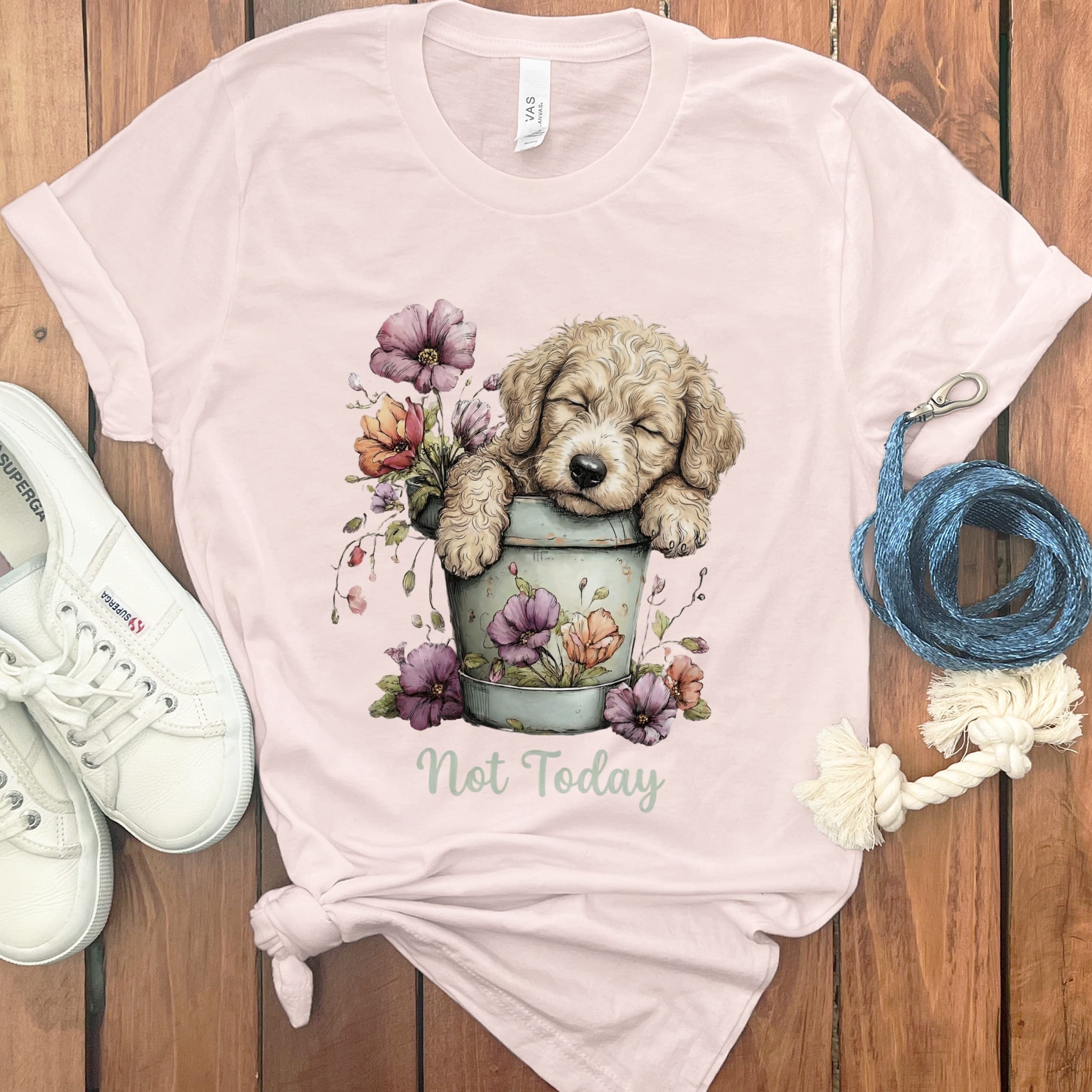 Cream Doodle Flower Pot T-Shirt in Soft Pink / S by Puppy Jo