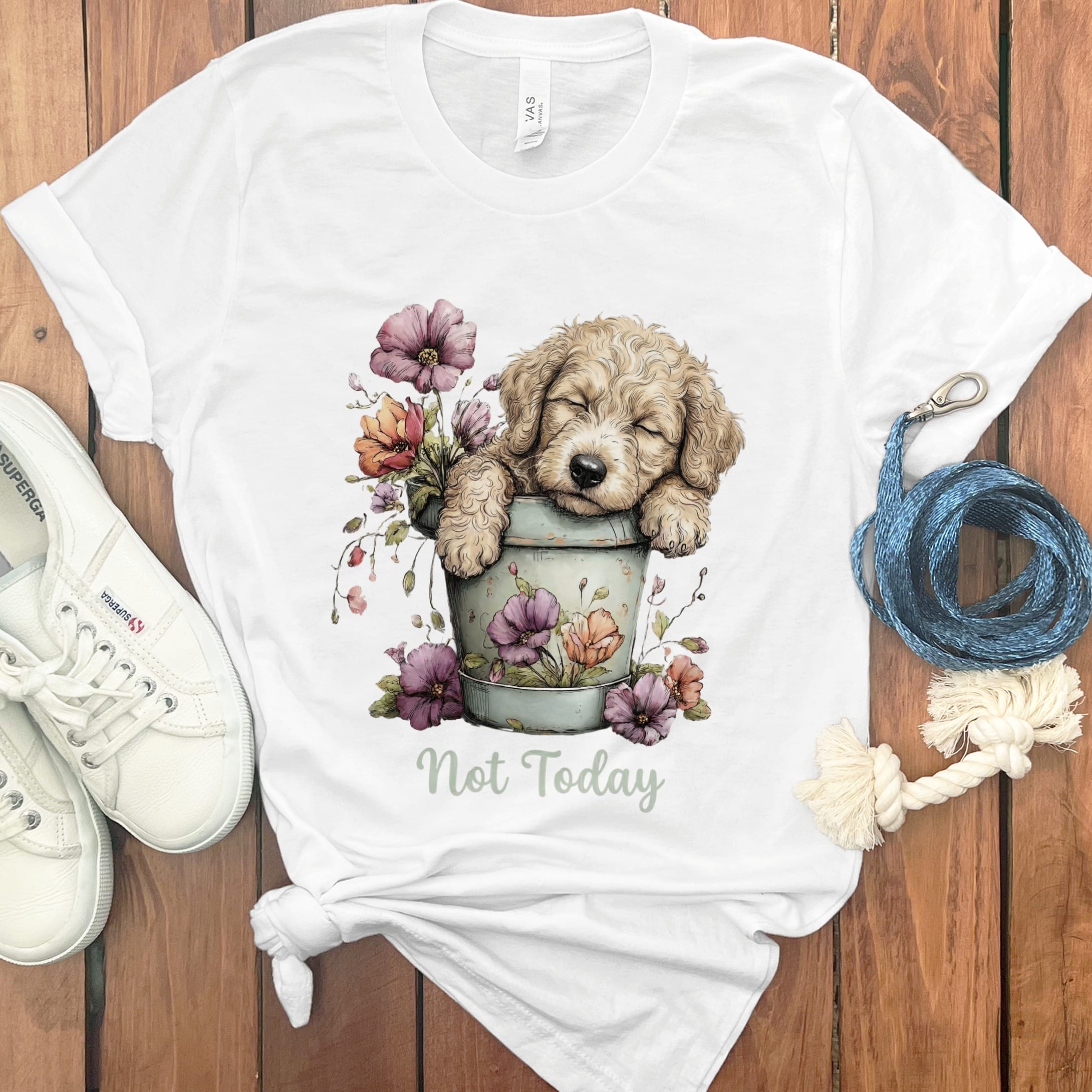 Cream Doodle Flower Pot T-Shirt in White / S by Puppy Jo