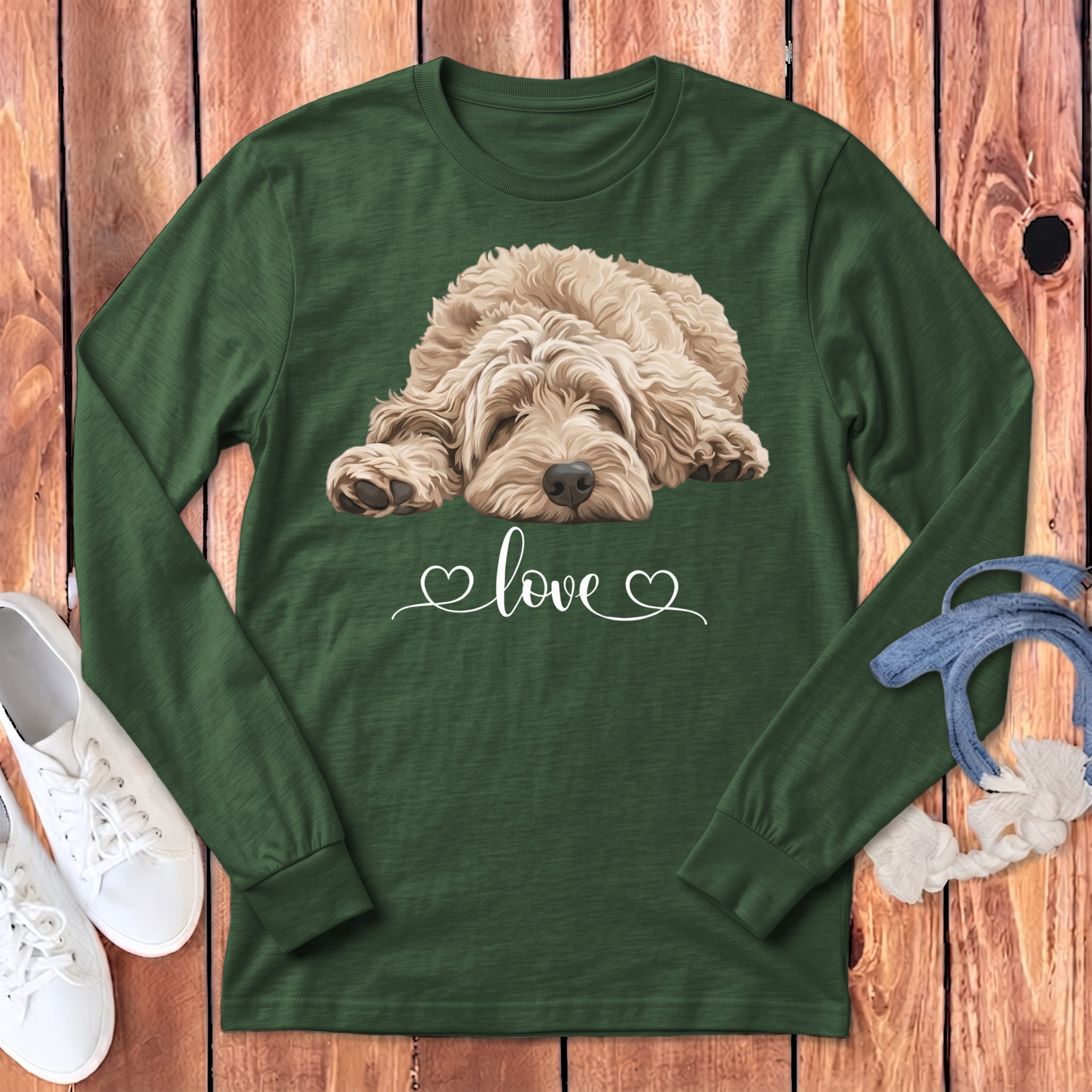 Cream Doodle Heart Long Sleeve T-Shirt in Heather Forest / S by Puppy Jo