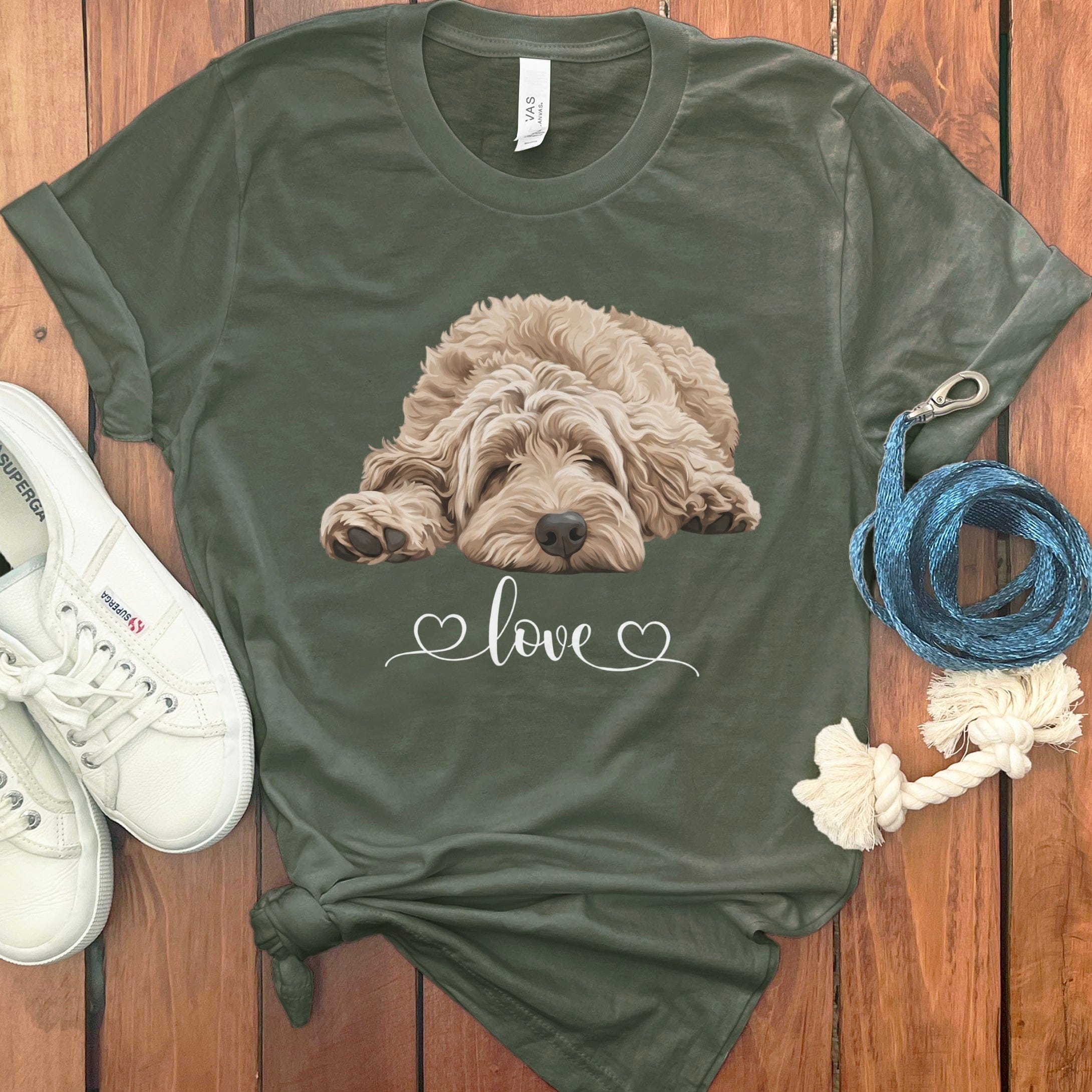 Cream Doodle Heart T-Shirt in Military Green / M by Puppy Jo