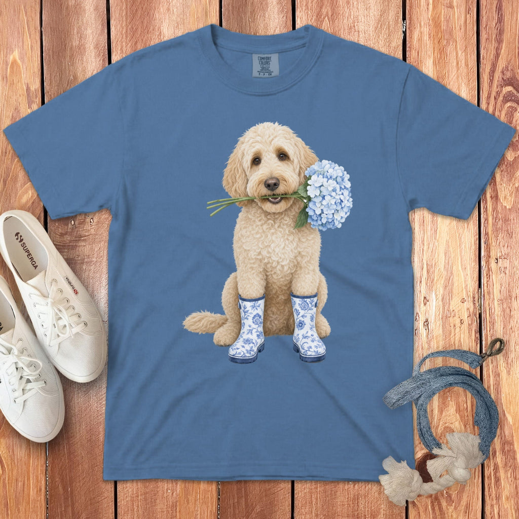 Cream Doodle Hydrangea Signature T-Shirt in Blue Jean / S by Puppy Jo