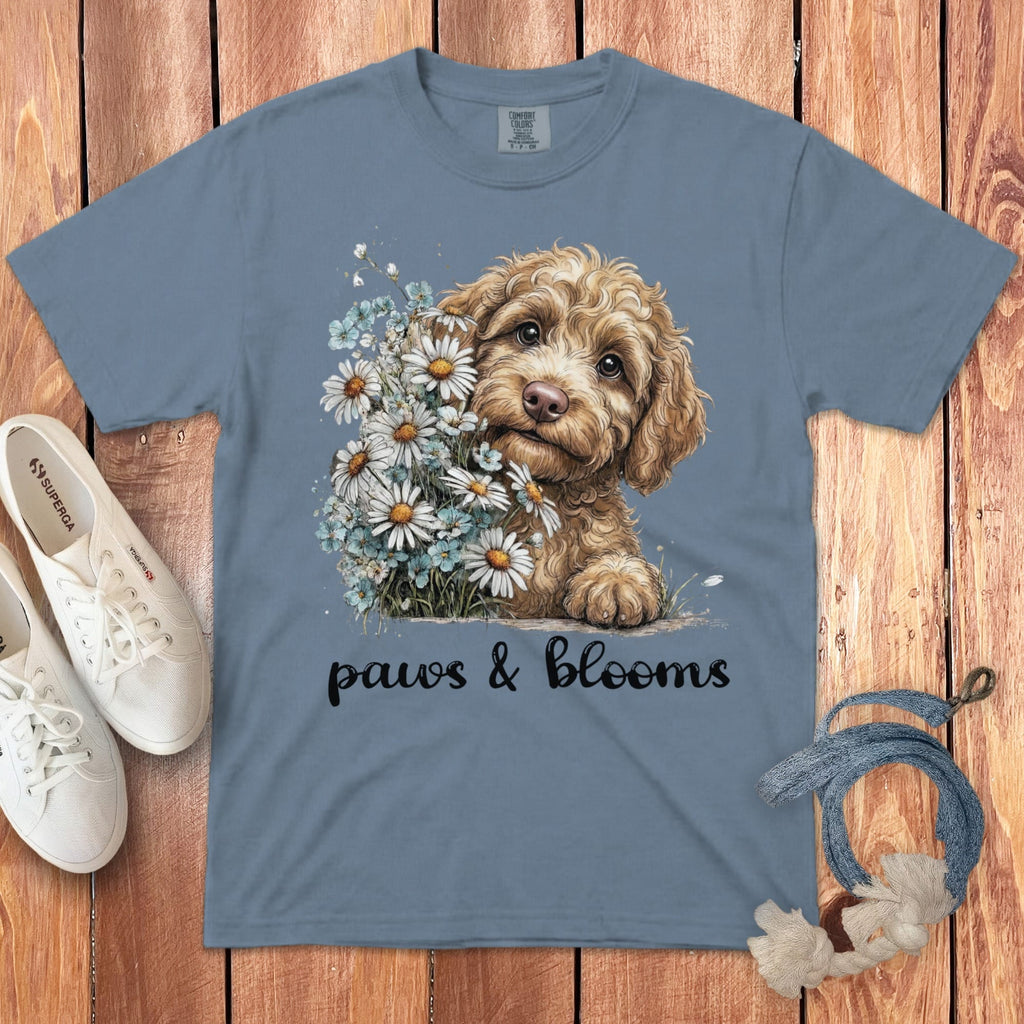 Cream Doodle Paws Blooms Signature T-Shirt in Blue Jean / S by Puppy Jo