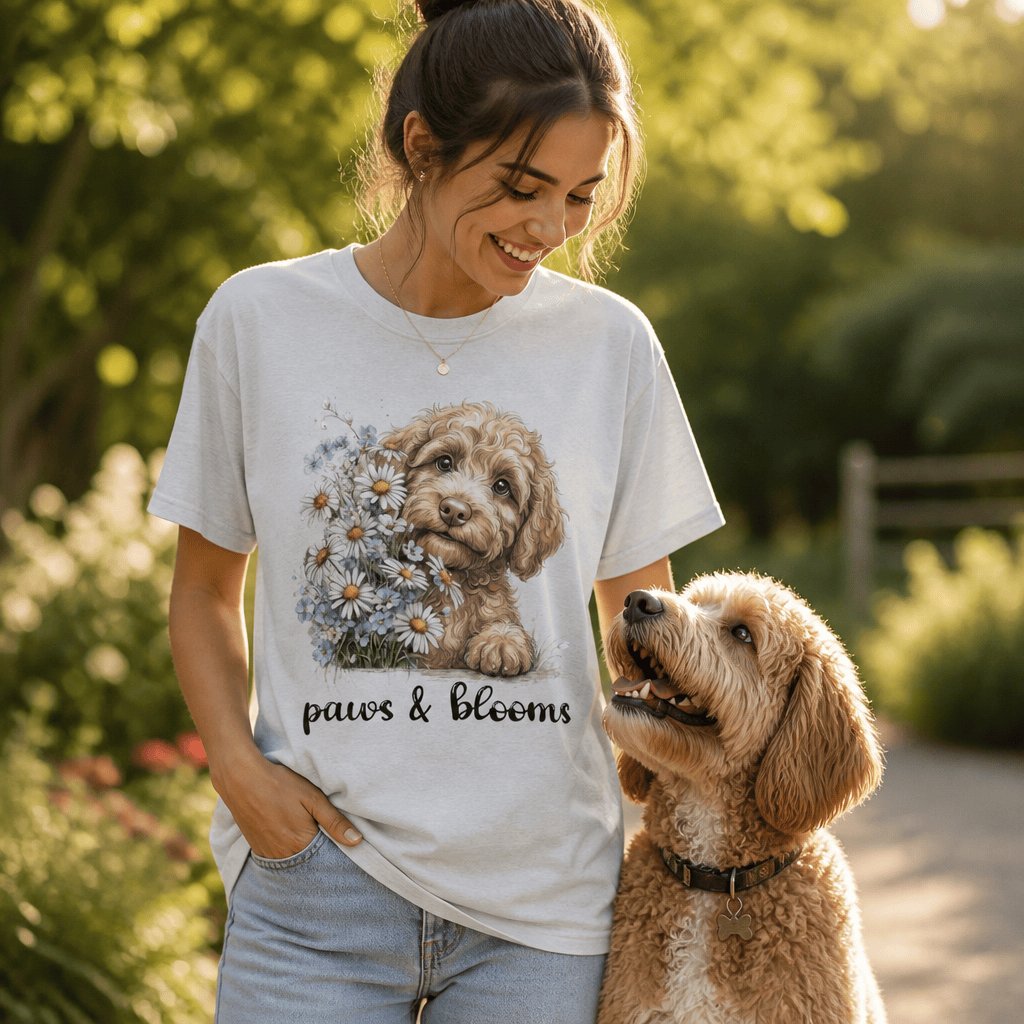 Cream Doodle Paws Blooms Signature T-Shirt in by Puppy Jo