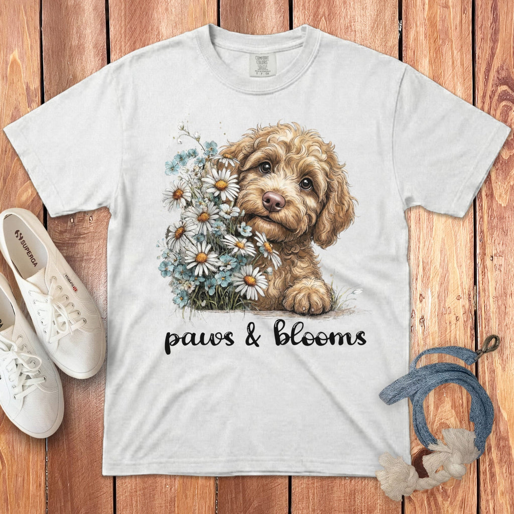Cream Doodle Paws Blooms Signature T-Shirt in White / S by Puppy Jo