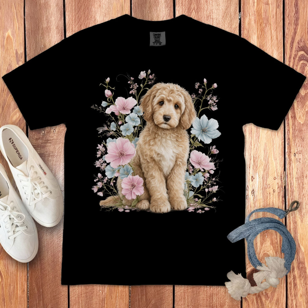 Cream Doodle Pink Floral Signature T-Shirt in Black / S by Puppy Jo